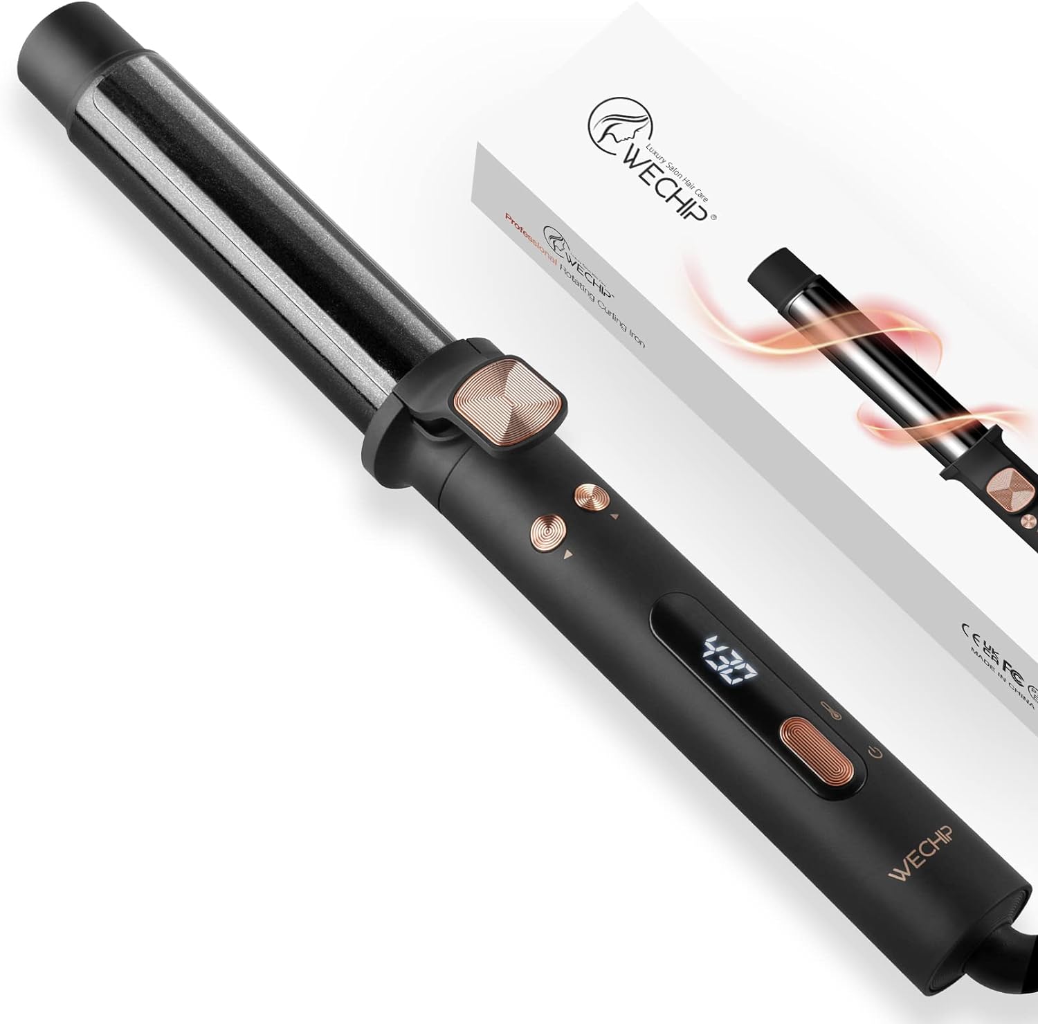 Rotating Curling Iron, WeChip 1.25 Inch Automatic Curling Iron, Curling Wand for Long Short Hair, Automatic Hair Curler with LED Display, Tourmaline Ceramic Barrel, 5-Temps (Up to 430°F), Dual Voltage