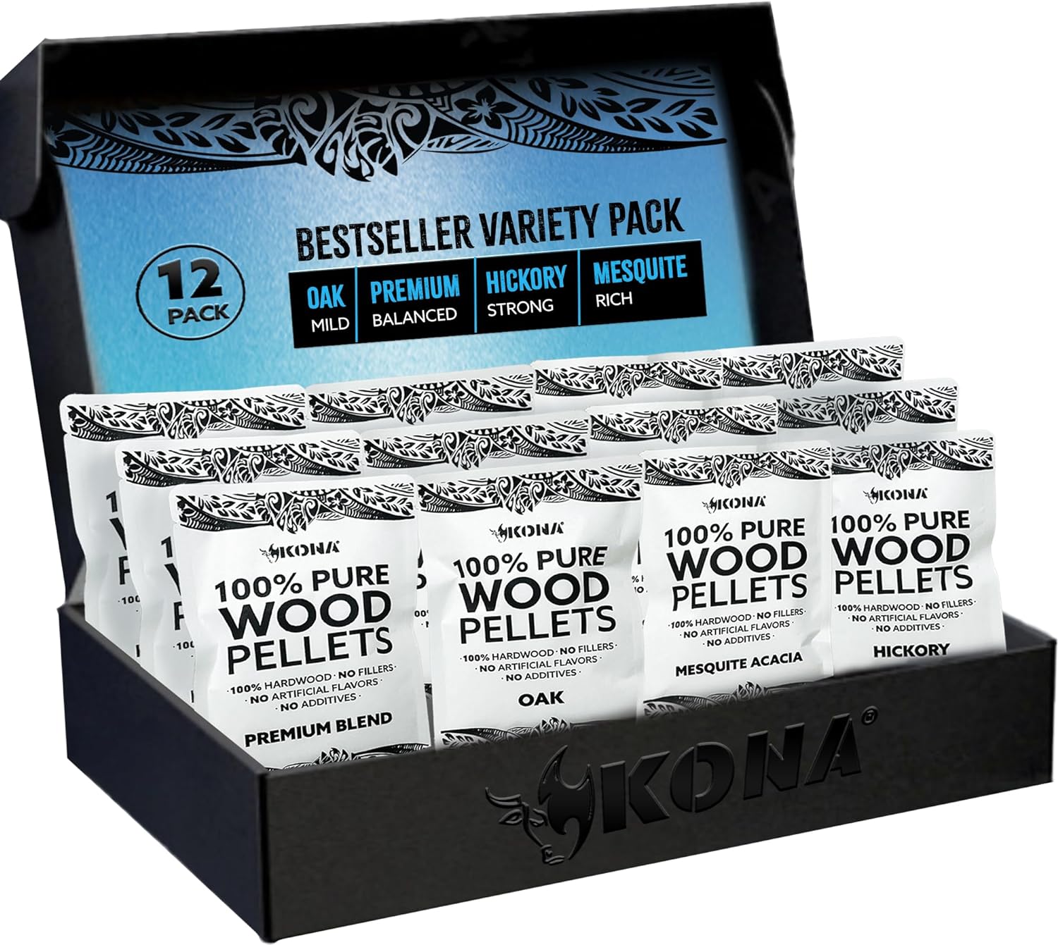 Kona Wood Pellets Intended for The Ninja Woodfire Grill, 12 Single-Use Pouches (4 Flavors)