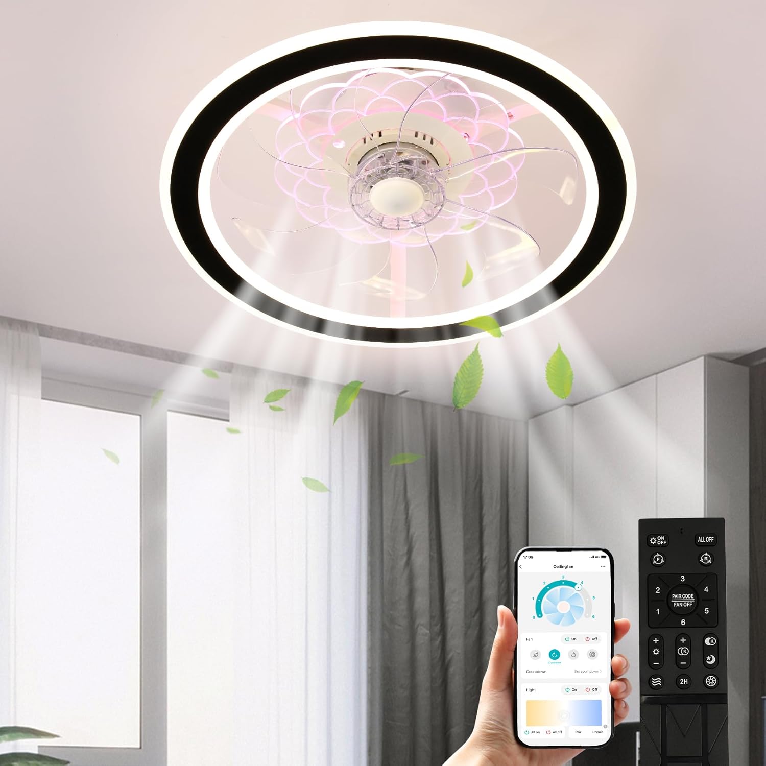 TCFUNDY 18 Ceiling Fan with Light, LED Low Profile Ceiling Fan Lights Remote Control Dimmable 3 Lighting Modes & 6 Level Wind Speed Reversible Blades, Semi Flush Mount