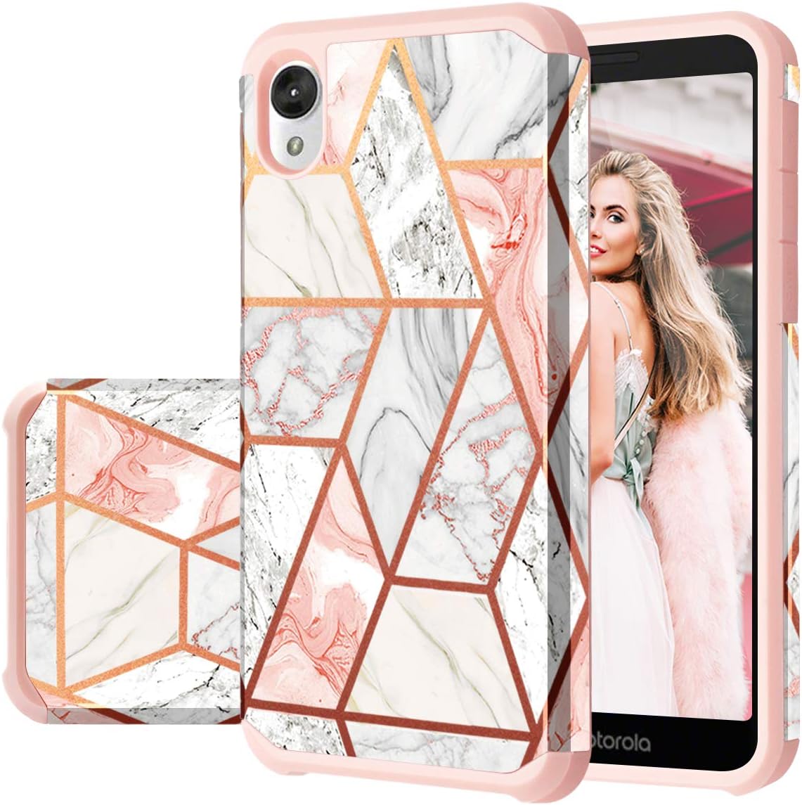 Fingic Case for Moto E6, Rose Gold Marble Design Shiny Glitter Bumper Hybrid Hard PC Soft Rubber Silicone Cover Anti-Scratch Shockproof Protective Case for Motorola E6 2019 5.5 inch