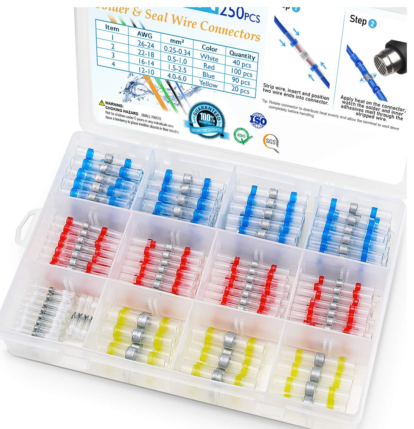 TICONN 250 Pcs Solder Seal Wire Connectors, Heat Shrink Butt Connectors, Waterproof and Insulated Electrical Wire Terminals, Butt Splice (250PCS)