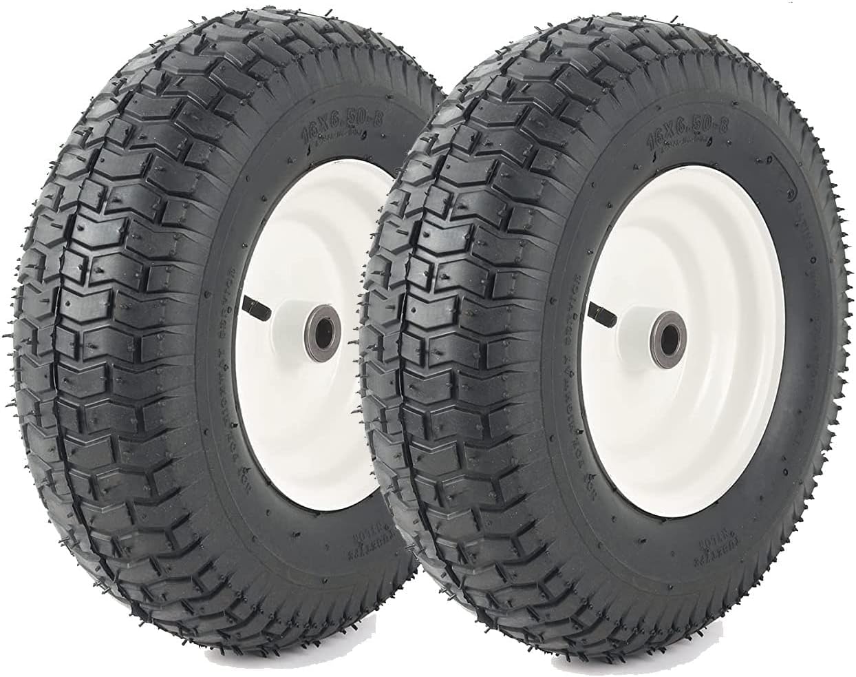 (2-Pack) 16x6.50-8 Pneumatic Tires on Rim - Universal Fit Lawn Mower and Yard Tractor Wheels - With Chevron Turf Treads - 3 Centered Hub and 3/4 Bushings - 396 lbs Max Weight Capacity