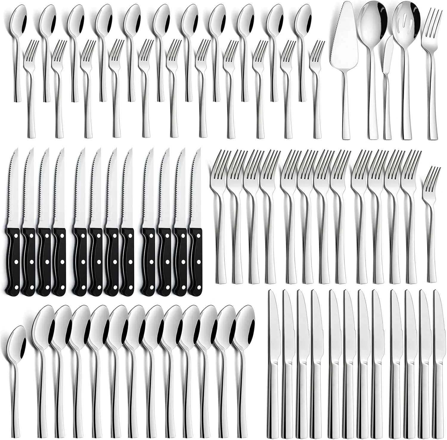 77-Piece Silverware Set with Steak Knives, Solid Stainless Steel Flatware Utensils, Modern Elegant Cutlery Tableware Set, Attach Serving Set, Mirror Polished, Dishwasher Safe-Service for 12