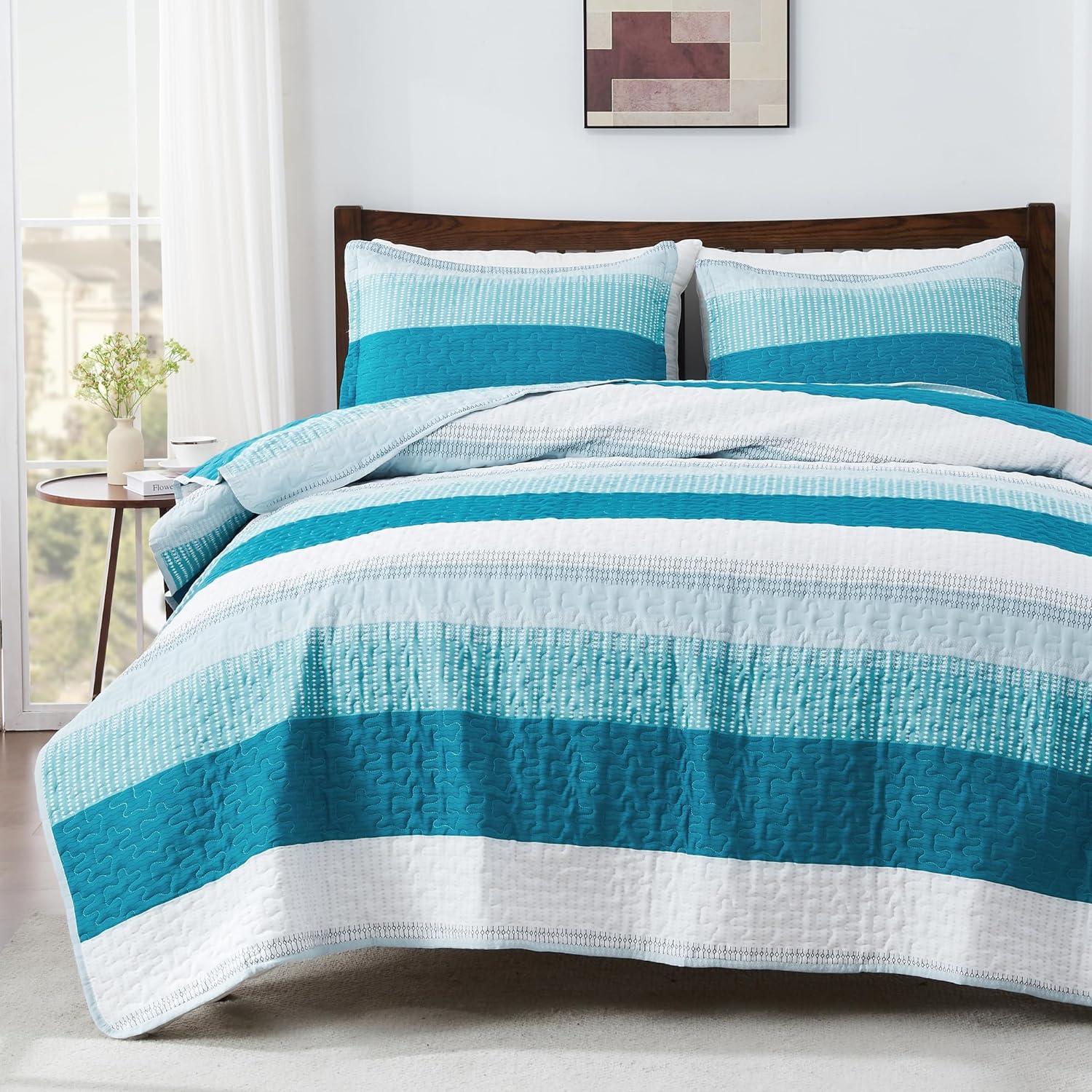 Andency Teal and White Striped Quilt King(106x96Inch), 3 Pieces (1 Quilt and 2 Pillowcases) Patchwork Bedspread Coverlet Set, Soft Microfiber Quilted Bedding Set