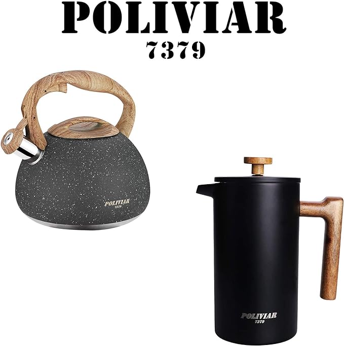 POLIVIAR Tea Kettle/Coffee Press, 2.7 Quart Stone Tea Kettle, 34 OZ Black TI French Coffee Press with teak wood handle,Double Wall Insulation & Dual-Filter Screen, Food Grade Steel for Coffee & Tea