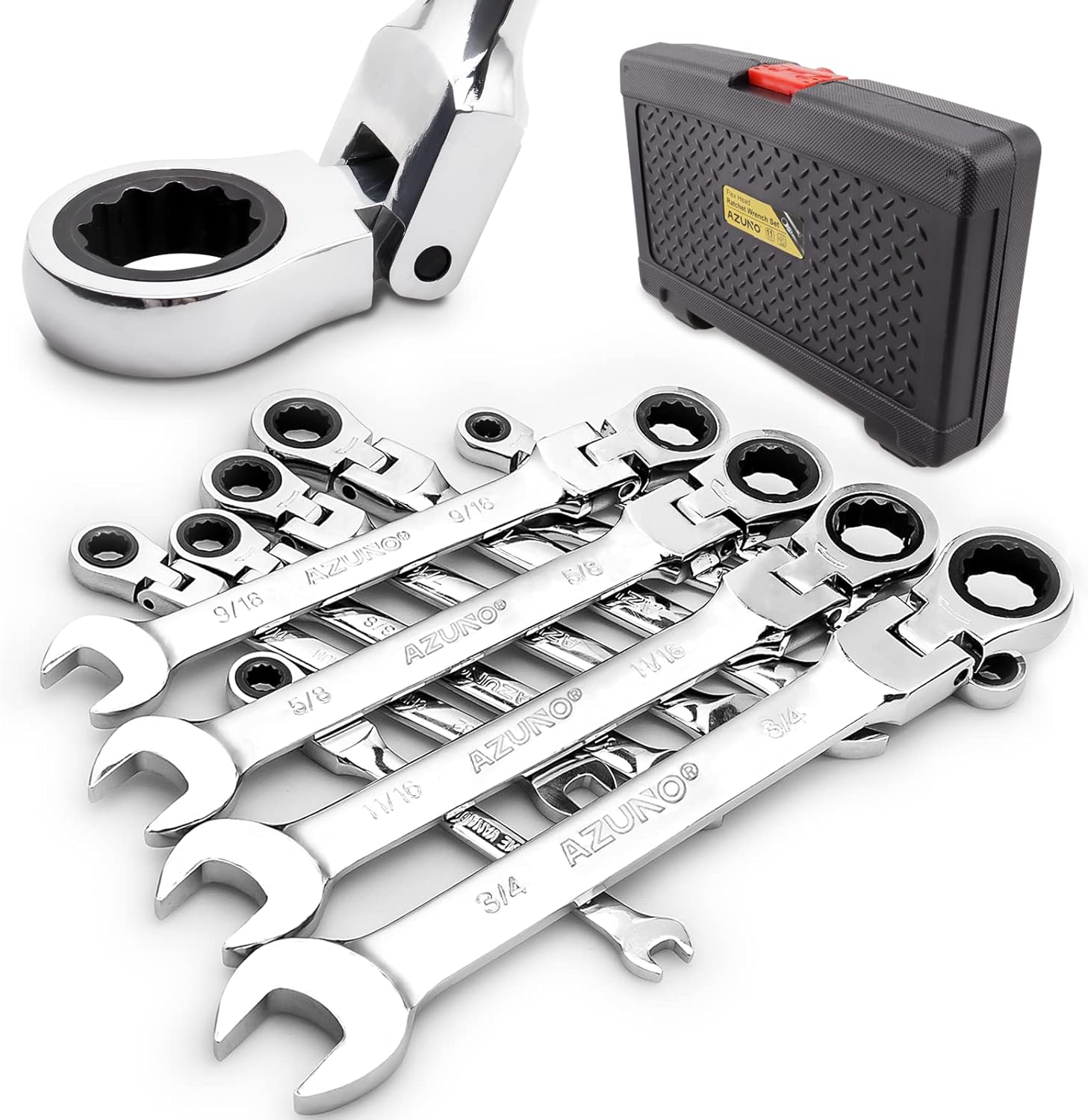 AZUNO 11-Piece Flex-head Ratcheting Wrench Set, SAE, 1/4 to 3/4, Chrome Vanadium Steel with Deluxe Case