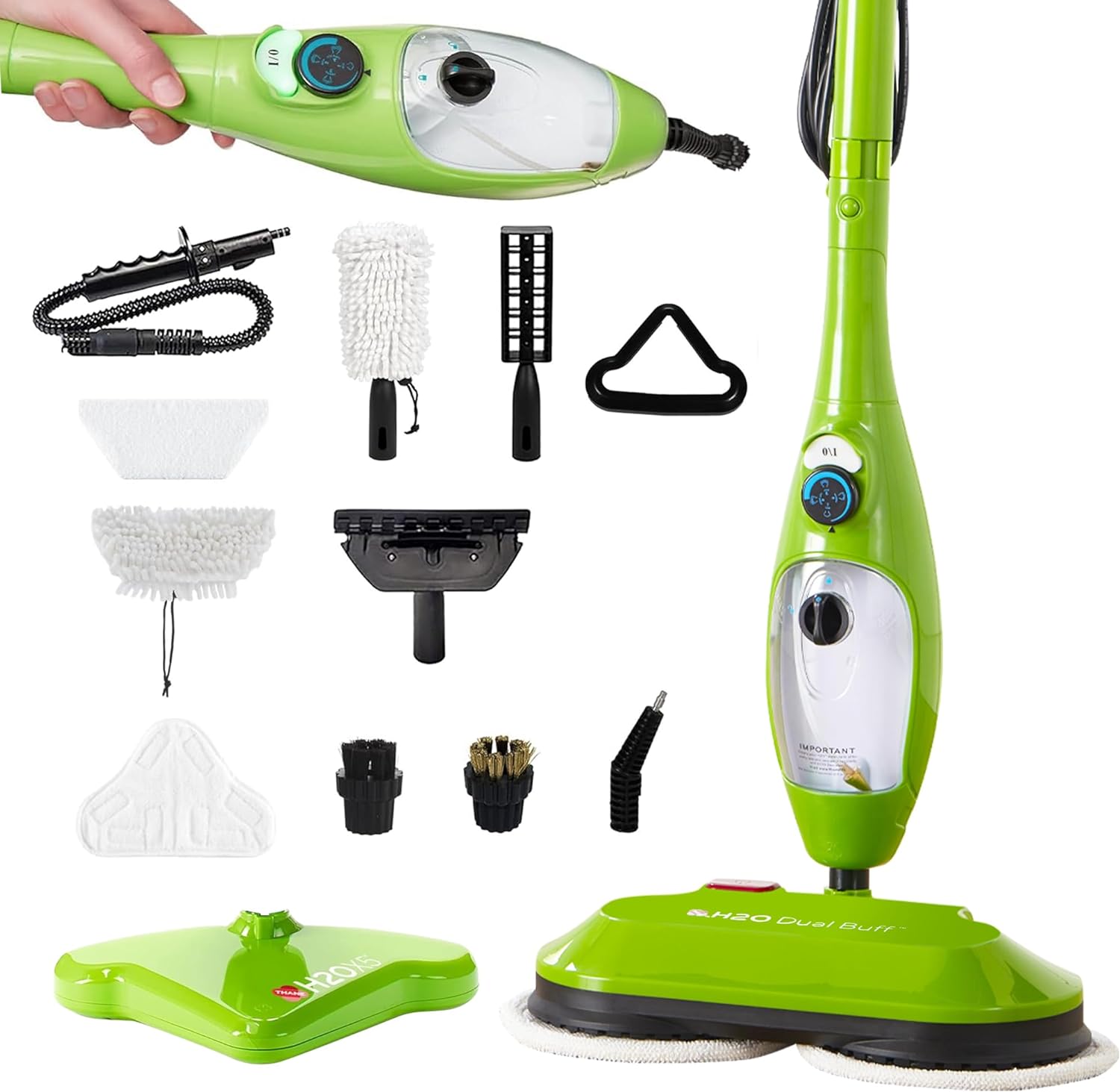 H2O MOP X5 Dual Buff Steam Mop, 8 in 1 Handheld Steam Cleaner For Kitchen Tile Floors, Hardwood Floors, Grout Cleaner, Upholstery Cleaner and Carpets, 2 washable scrub pads, 11 cleaning accessories