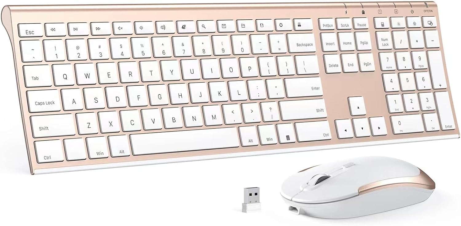 Wireless Keyboard and Mouse Combo, 2.4GHz Ultra-Slim Aluminum Rechargeable Keyboard with Whisper-Quiet Mouse for Windows, Laptop, PC, Desktop - White Gold