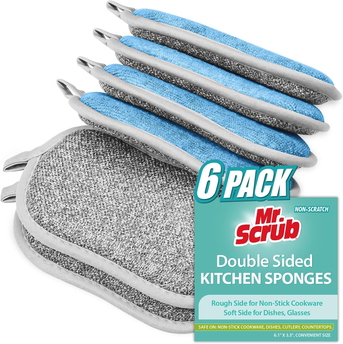 Sponges Kitchen Dish Sponge for Washing Dishes Cleaning Kitchen, All-Purpose, 6 Pack, Non Scratch, Rough Scrubbers Side for Non-Stick Cookware, Soft Microfiber Scrub Side for Dishes, Mr. Scrub