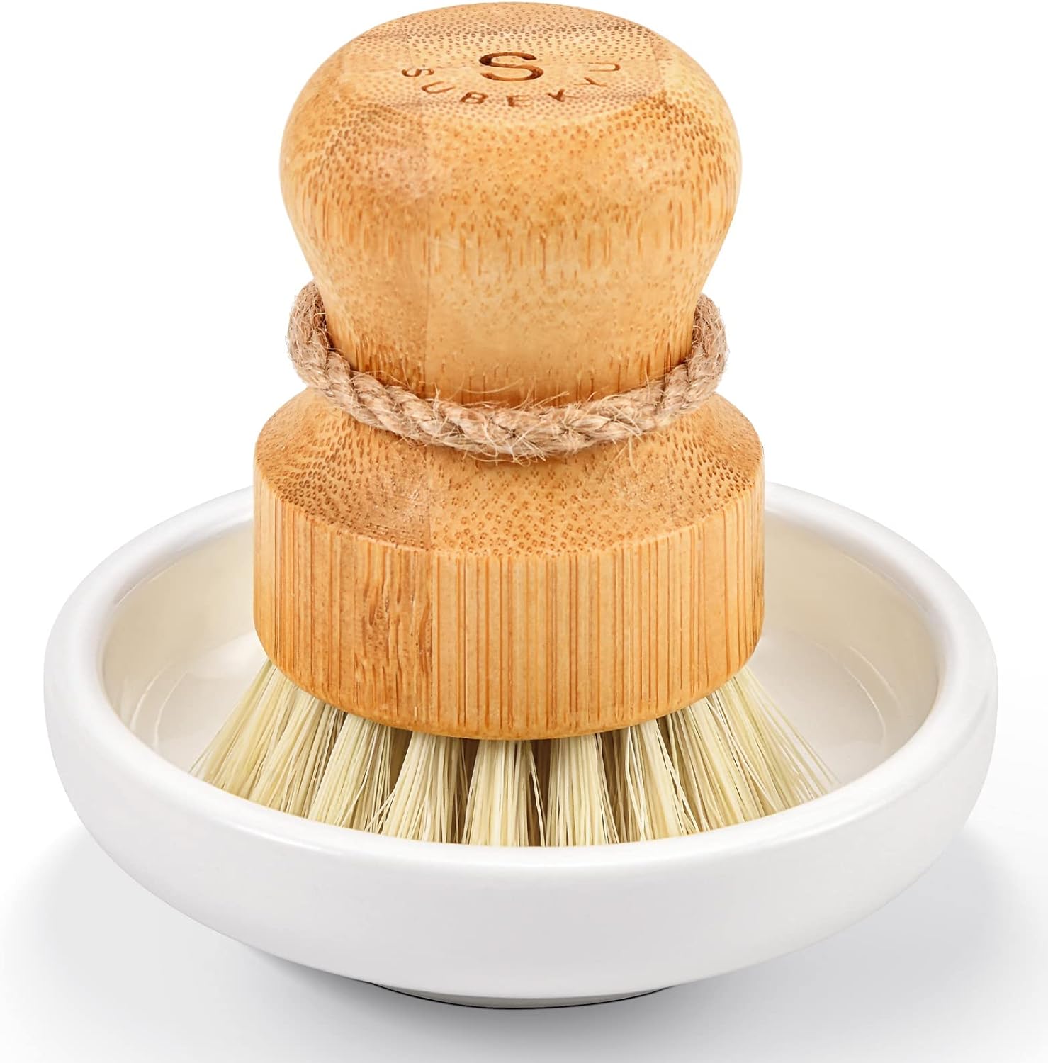 SUBEKYU Bamboo Dish Scrub Brush for Kitchen Sink, Natural Wooden Washing Dish Brush Scrubber, Sisal Bristles Brush for Household Cleaning Cast Iron Brush Pots, Pans and Vegetables