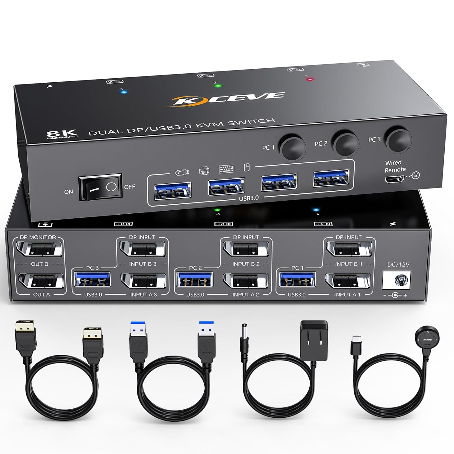 KVM Switch 3 Computer 2 Monitors 8K, KCEVE Dual Monitors Displayport USB 3.0 KVM Switcher, Supports 8K@60Hz for 3 DP Computers Share 2 DP Monitors, Keyboard and Mouse