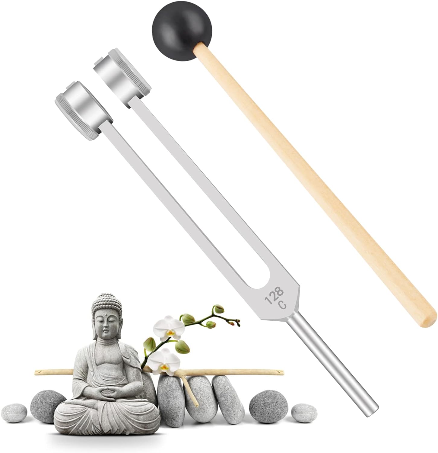 EastRock 128 Hz Tuning Fork with Silicone Hammer and Cleaning Cloth Instrument Teaching Medical Equipment Meditation Relaxation Sound Therapy Instrument