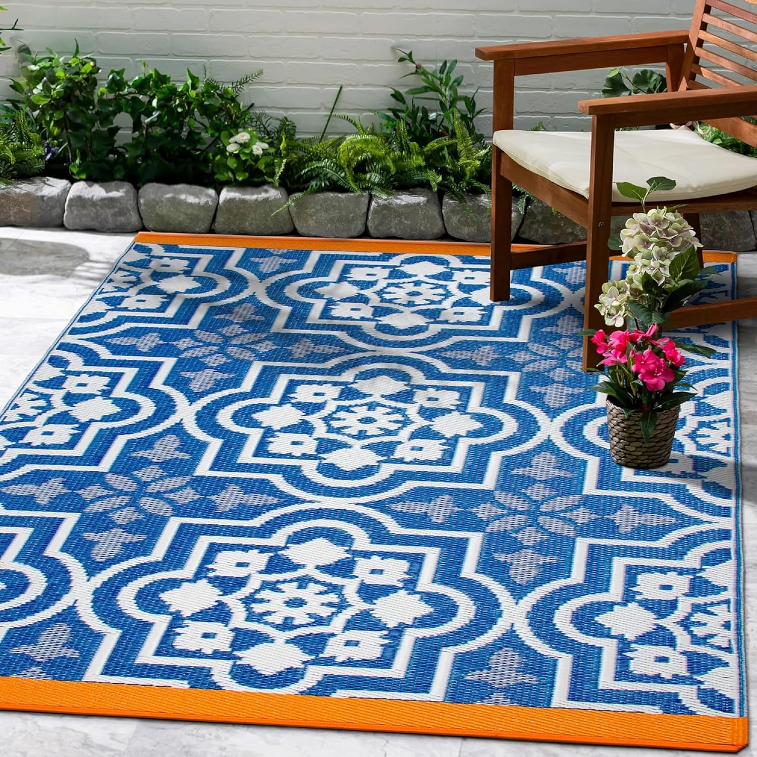 Fab Habitat Outdoor Rug - Waterproof, Fade Resistant, Crease-Free - Premium Recycled Plastic - Spanish Tile Farmhouse - Porch, Deck, Balcony, Mudroom, Laundry Room, Patio - Puebla - Blue - 3 x 5 ft