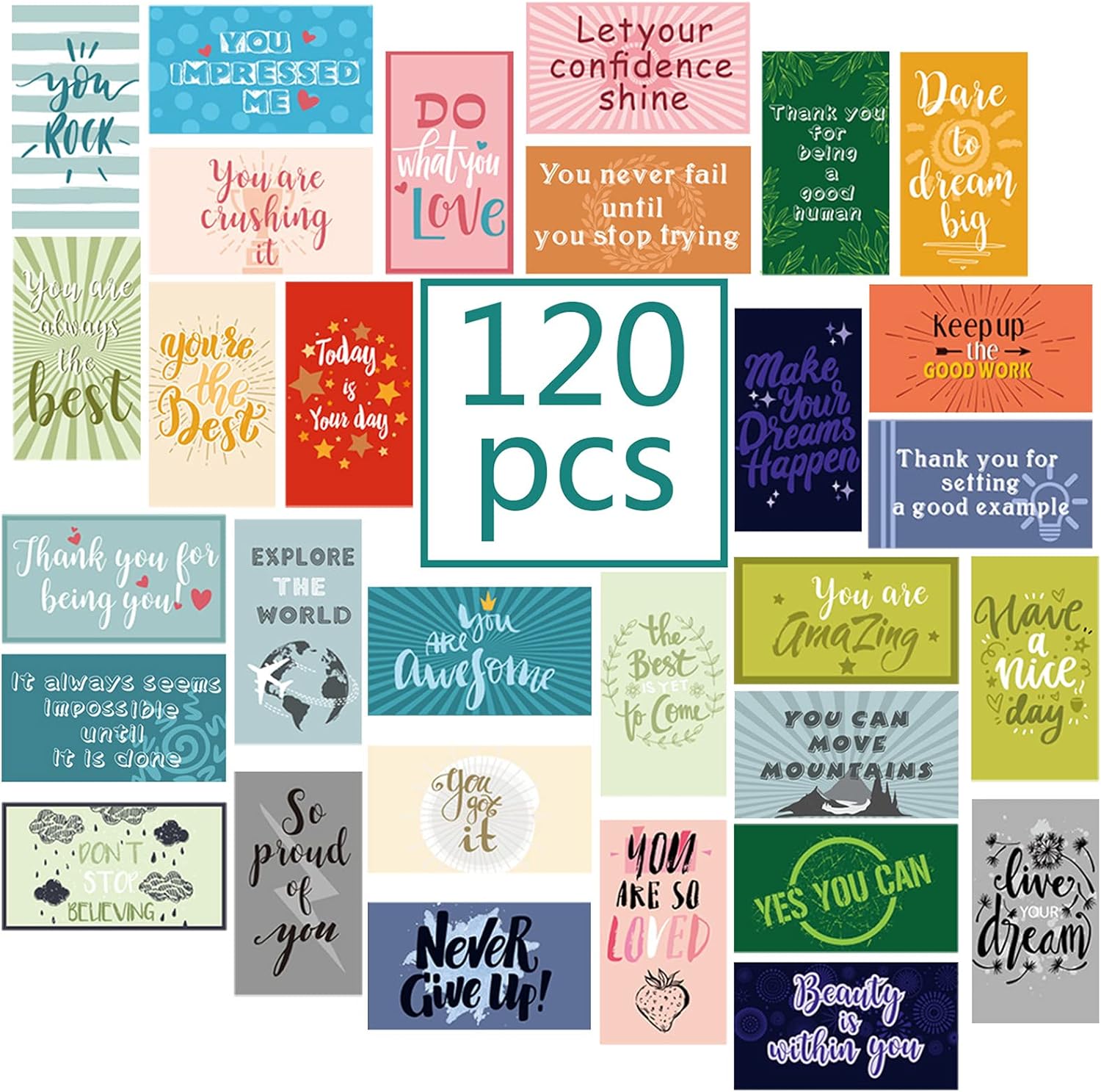 Outus 120 Pcs Motivational Encouragement Quote Cards Inspirational Kindness Appreciation Gratitude Business Cards Mini Note Cards for Student Kids Teachers, 30 Styles (Bright Style)