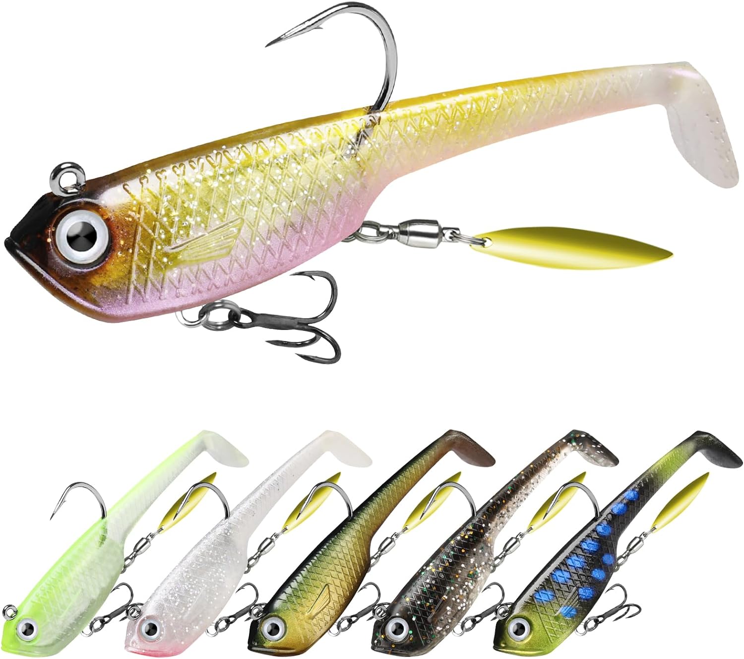 TRUSCEND Pre-Rigged Soft Fishing Lures, Well-Made Easy Catching Lures for Family Fishing, Great Action Swimbait with Spinner, All-Conditions Fishing Gear for Bass Trout Walleye, Crappie Fishing Jigs