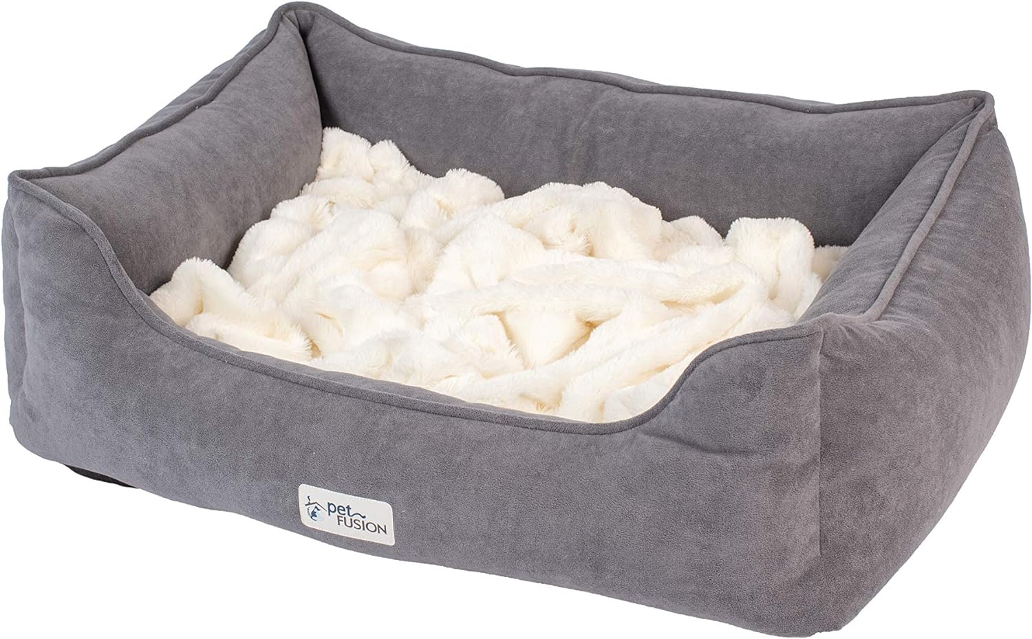 PetFusion Calming Cuddler Dog Bed & Cat Bed | Anti-Anxiety Dog Bed for Medium Dogs, Cats | Loose Blanket Promotes Burrowing (Dogs) & Kneading (Cats) | CertiPUR-US Memory Foam | 1 Year Warr,Grey/Ivory