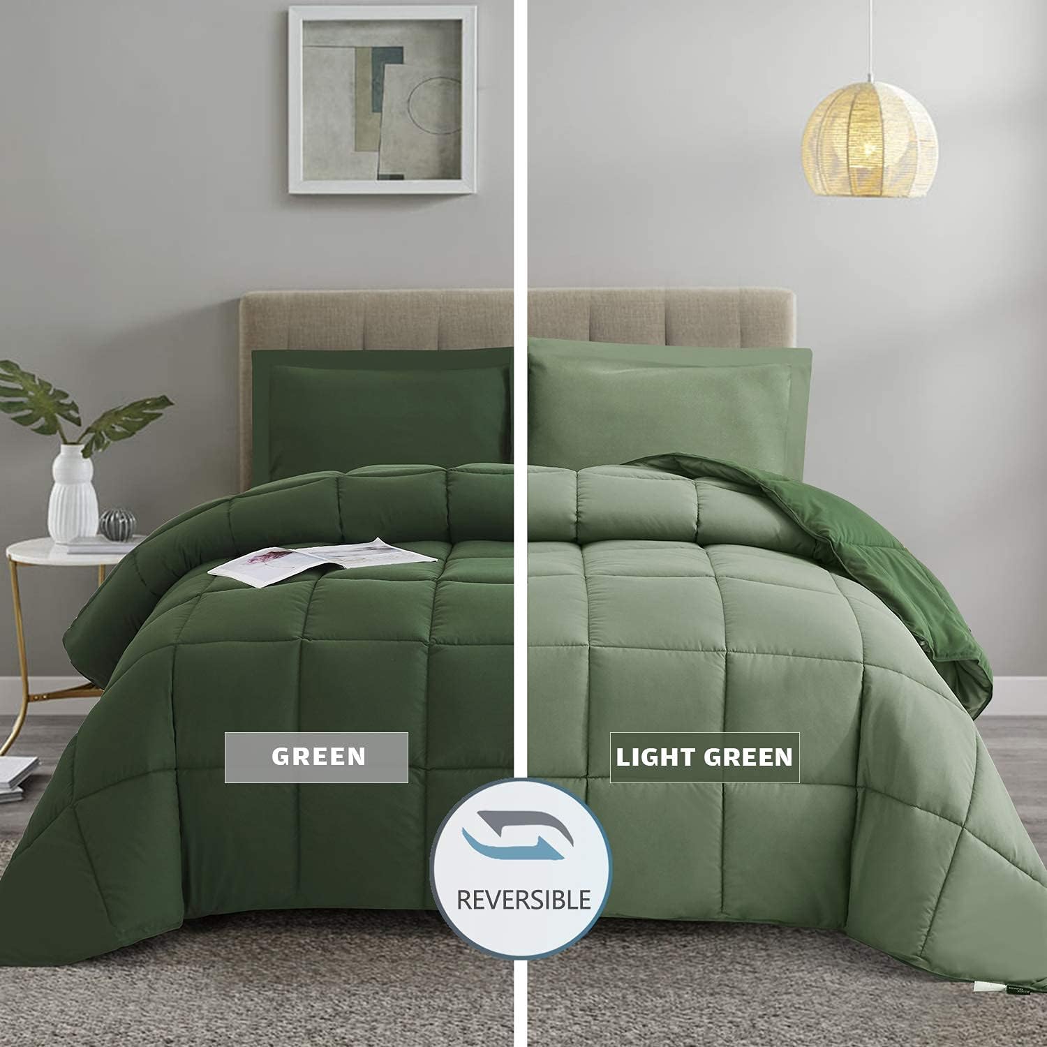 HIG 3pc Green Down Alternative Comforter Set Queen Size - All Season Reversible Comforter with Two Shams - Quilted Duvet Insert with Corner Tabs - Box Stitched - Breathable, Soft, Fluffy 