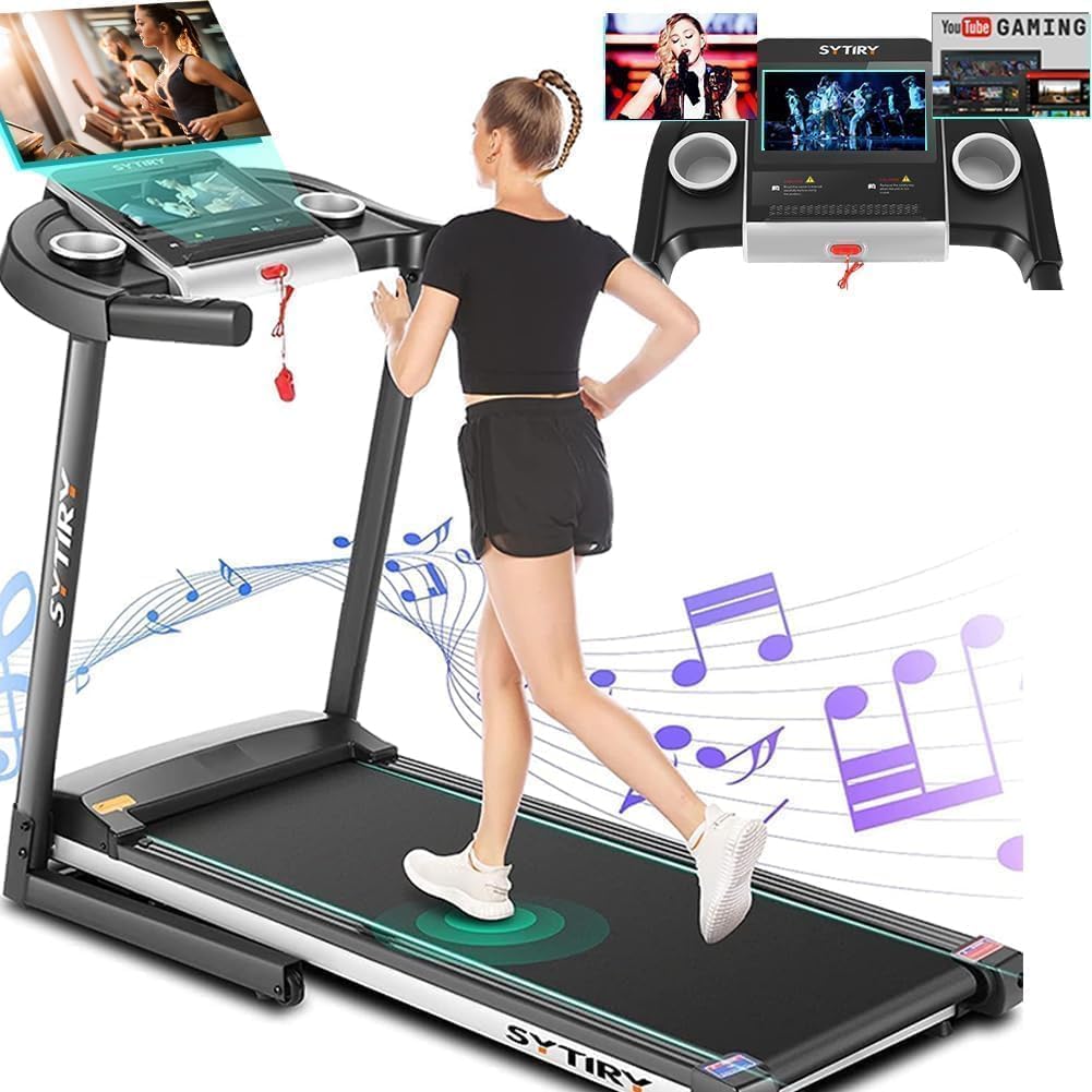 SYTIRY Treadmills for Home with TV Screen and WiFi,Smart Folding Treadmill Machine,3D Virtual Sports Scene,HiFi Speakers,Popular APP for Social Networking, Video, and Search,Walking Treadmill