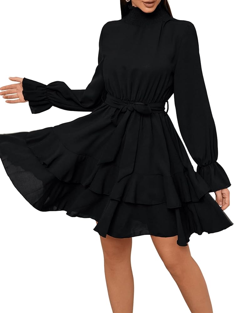 SweatyRocks Women's Elegant High Neck Flounce Sleeve High Waist Ruffle Belted Party Mini Dress