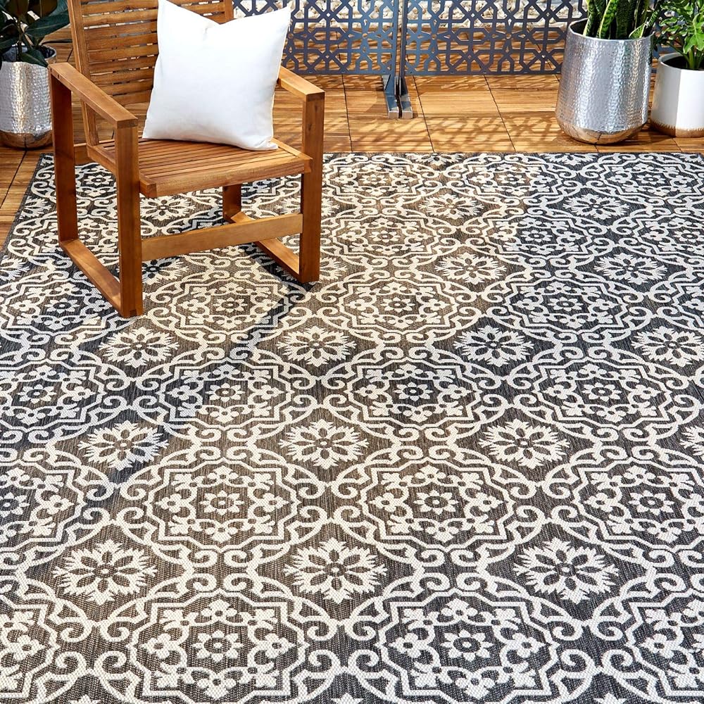&nbsp;I bought two of the 79 x 102 New York Patio Country Danica Trasitional Geometric indorr/outdoor area rugs in  Blue/Grey in August of 2020 on Amazon for $112 each.I have a large outdoor space (1,000 sq ft) with a kitchen, seating area and dinning room. One of the rugs I use in the fireplace seating area that is uncovered and mostly shaded. The other I use in the dining area, also uncovered, but gets full sun.Review:Unpackaging:They arrive well packaged and were easy to lay out. Like all new rugs, the ends and corners curl at first. But after a few days with various things of weight (potted plan, deck chair ect.) on the curling areas, it layed flat as can be and has stayed that way since. A common complaint of online rugs is the chemical smell some have when you first unroll them. No issue here.Appearance:This is an attractive rug. It has all the look and feel (and ware) of a much, much more expensive rug. The way the entire fabric weave has hints of both colors (blue and white for mine) throughout makes it look like a much more luxurious rug and the pattern is perfectly proportionate to the area it covers (79 x 102 in my case). For me these two rugs anchor my large outdoor space. Added bonus, and this is strictly luck, the pattern is the negative to the tile on the fireplace! (see pictures)Maintenance:I have left these rugs out since I purchased them in summer 2020. One rug is located in a damp, shaded area. Over the winter each year this rug seemed to stay damp and resulted in a slight moss covering turning the rug an unappealing blue-green. The other, in full sun, also got a lighter coat of moss too. But when I was ready to use the outdoor space again in the spring it only took an hour or two to whip them back into usable shape. With such a large outdoor space of treated lumber, I invested $200 in a powerwasher a few years back (link below). The power washing, and a spray of diluted Dawn dish soap on the tough spots was all they needed for them to look new again. The power washer makes light work of it, but you can substitute more elbow grease in its place. Just add a couple more hours and more Dawn solution to this once a year task and you will be happy.Conclusion:For any product to get a 5 star rating is a very uphill battle. But for me, I am hard pressed to find a negative for this product. Im going into my third year with these rugs, and they only cost me $112 each. That works out to under $40 a year so far with at least 2, or 3, or many more years left of service. My friends, that is a good purchase in my book.Power Washer -Amazon - June 2019 - $199.99 (AR Blue Clean AR390SS Electric Pressure Washer 2000 PSI, 1.4 GPM)https://www.amazon.com/gp/product/B00N6XBM64/ref=ppx_yo_dt_b_asin_title_o08_s00ie=UTF8&psc=1April 2022 price - $220This set of 4 pillow cases (under $20) work perfectly with the rug  - https://www.amazon.com/gp/product/B07XHMDMY1/ref=ppx_yo_dt_b_asin_title_o06_s00ie=UTF8&psc=1