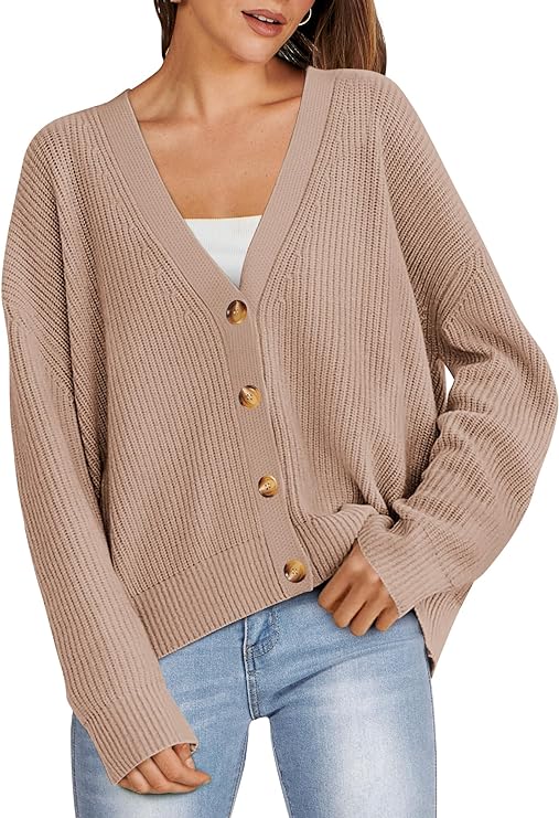 ANRABESS Women Cardigan Sweaters 2024 Fall Oversized Button Open Front Knit Lightweight Cardigans Fall Outfits Outerwear