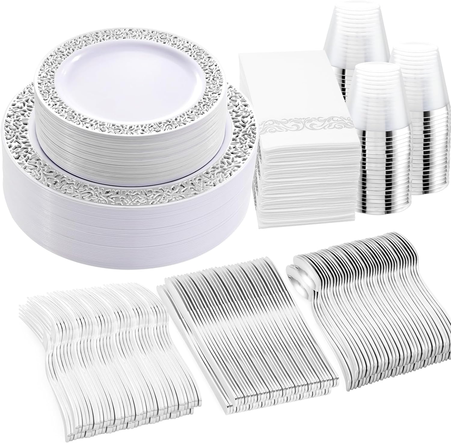 WELLIFE 350pcs Silver Party Plates for 50 Guests, Silver Wedding Plates Disposable Heavy Duty, Including :50 Dinner Plates, 50 Dessert Plates, 50 Cups, 50 Napkins, 50 Sliver Silverware Set