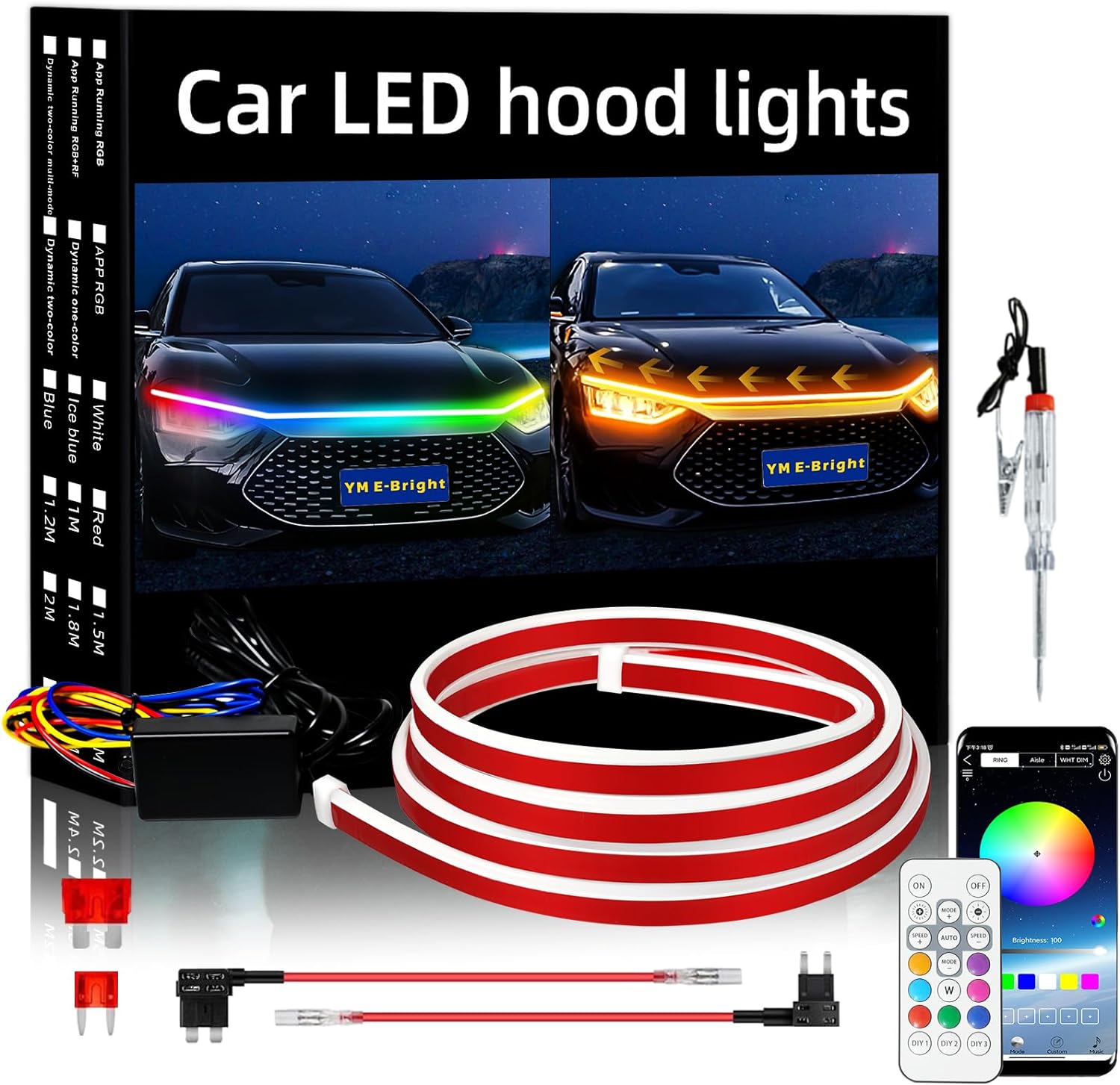 YM E-Bright Car Led Lights Exterior RGB Hood Light Strip Waterproof Multicolor Dynamic Scan Start Up Hoodbeam Kit DRL Daytime Running Lights for Cars,Truck,SUV,APP Remote Control,12V 59inch