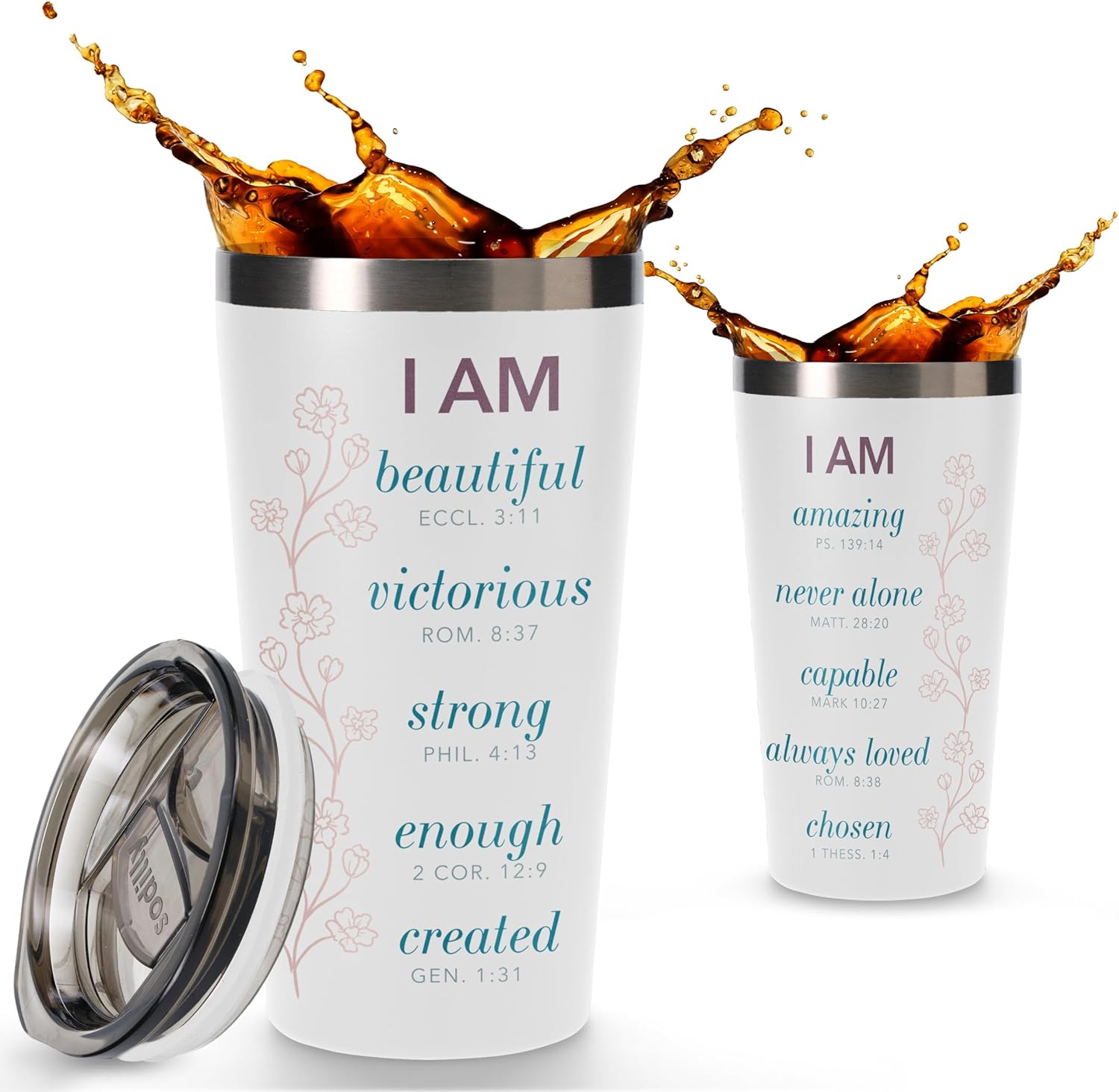 Sodilly Christian Gifts for Women Men - I am Beautiful, 16 oz Insulated Tumbler with Lid, White - Stainless Steel Coffee Cup Travel Mug - Inspirational Coffee Mugs - Religious Motivational Gifts