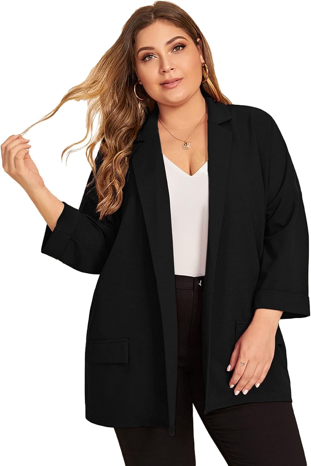 WDIRARA Women' Plus Size Long Sleeve Blazer Casual Open Front Cardigan Jacket