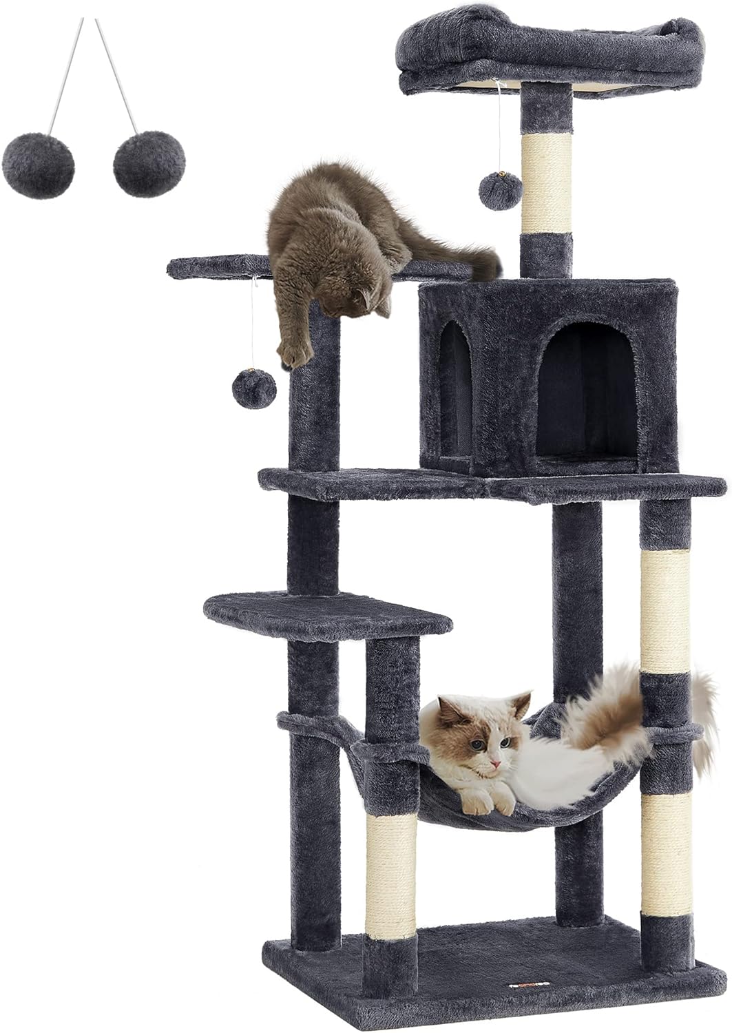 Feandrea Cat Tree, 56.3-Inch Cat Tower for Indoor Cats, Multi-Level Cat Condo with 4 Scratching Posts, 2 Perches, Hammock, Cave, Smoky Gray UPCT161G01