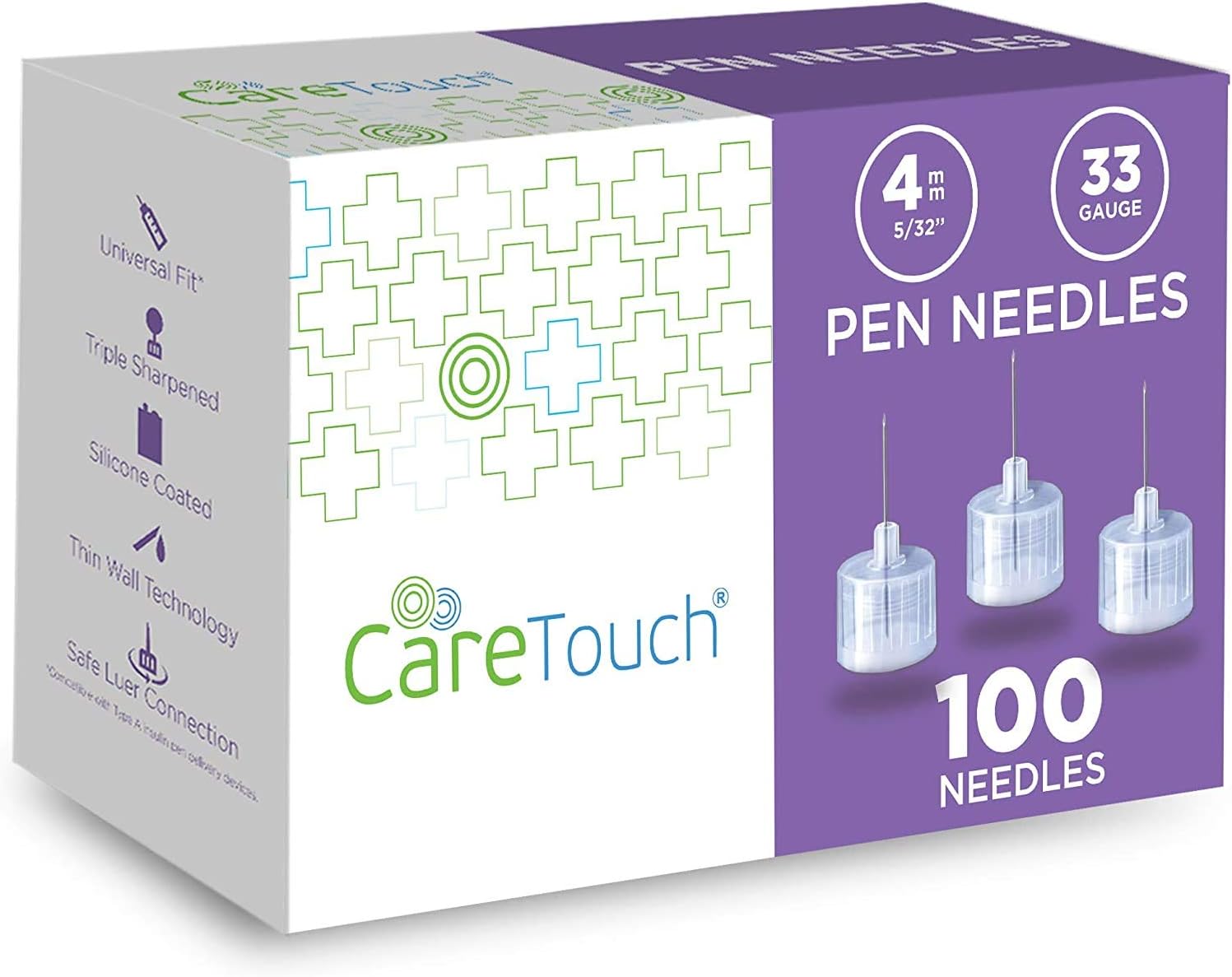 Care Touch Pen Needles 33 Gauge, 5/32 inches, 4mm (Pack of 100) - Individually Sealed - Sterile