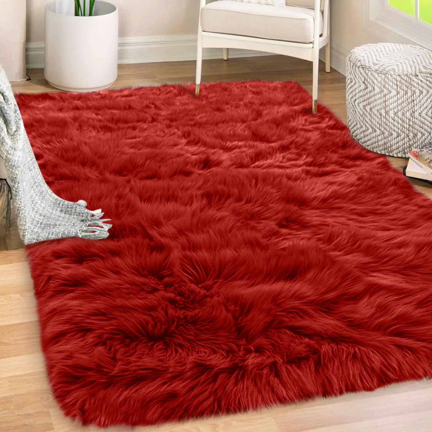 Gorilla Grip Fluffy Faux Fur Rug, 5x8, Machine Washable Soft Furry Area Rugs, Rubber Backing, Plush Floor Carpets for Baby Nursery, Bedroom, Living Room Shag Carpet, Luxury Home Decor, Red