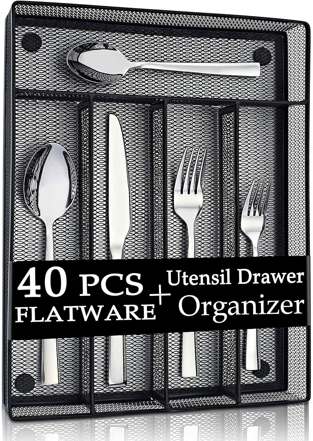 LIANYU 40-Piece Silverware Set with Drawer Organizer Set for 8, Stainless Steel Square Flatware Cutlery Set for 8, Kitchen Party Restaurant Eating Utensils Tableware, Mirror Polished, Dishwasher Safe