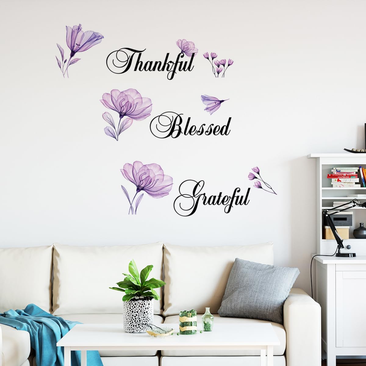 Lchen Thankful Grateful Blessed Wall Decal PVC Violet Flower Removable Bathroom Wall Decal Home Decoration(Thankful)