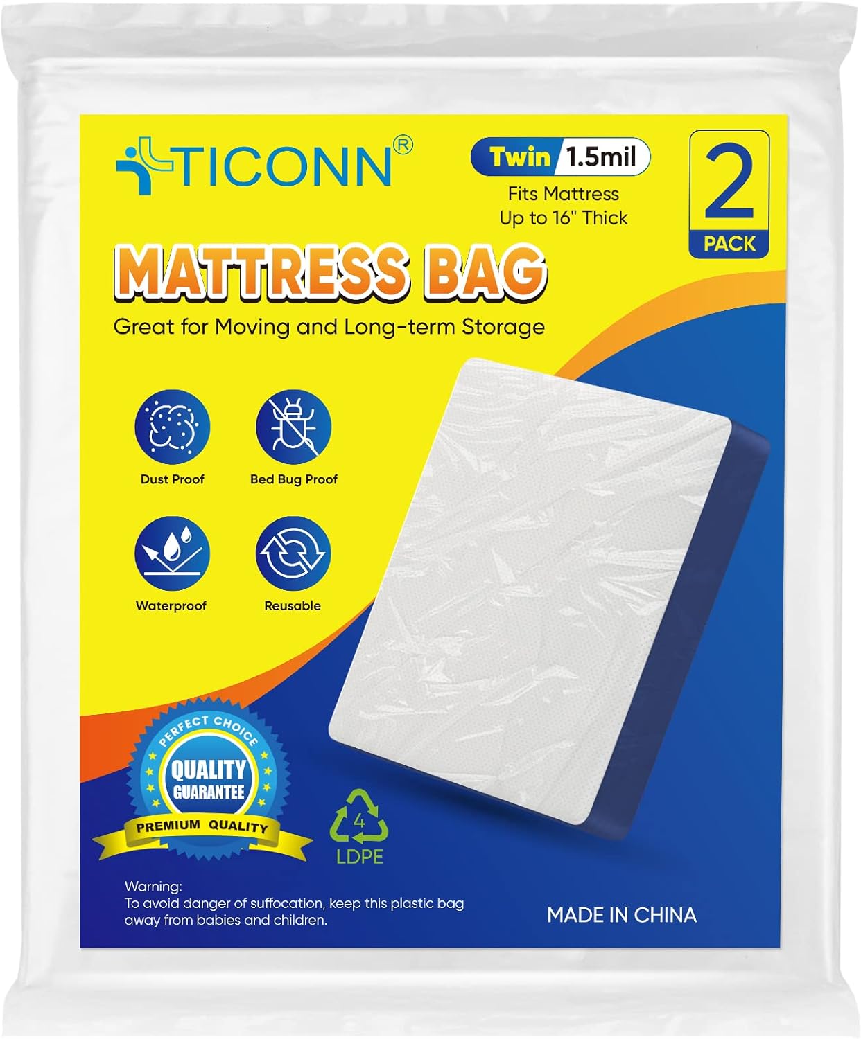 TICONN 2PK Plastic Mattress Bag for Moving Storage, Waterproof Mattress Protector Cover, Heavy-duty Mattress Moving Supplies (1.5 mil, Twin)