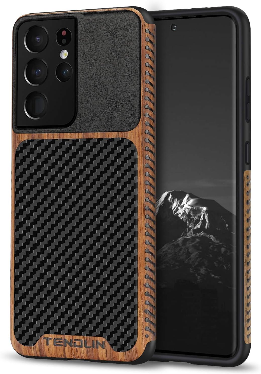 TENDLIN Compatible with Samsung Galaxy S21 Ultra Case Wood Grain with Carbon Fiber Texture Design Leather Hybrid Case (Black)