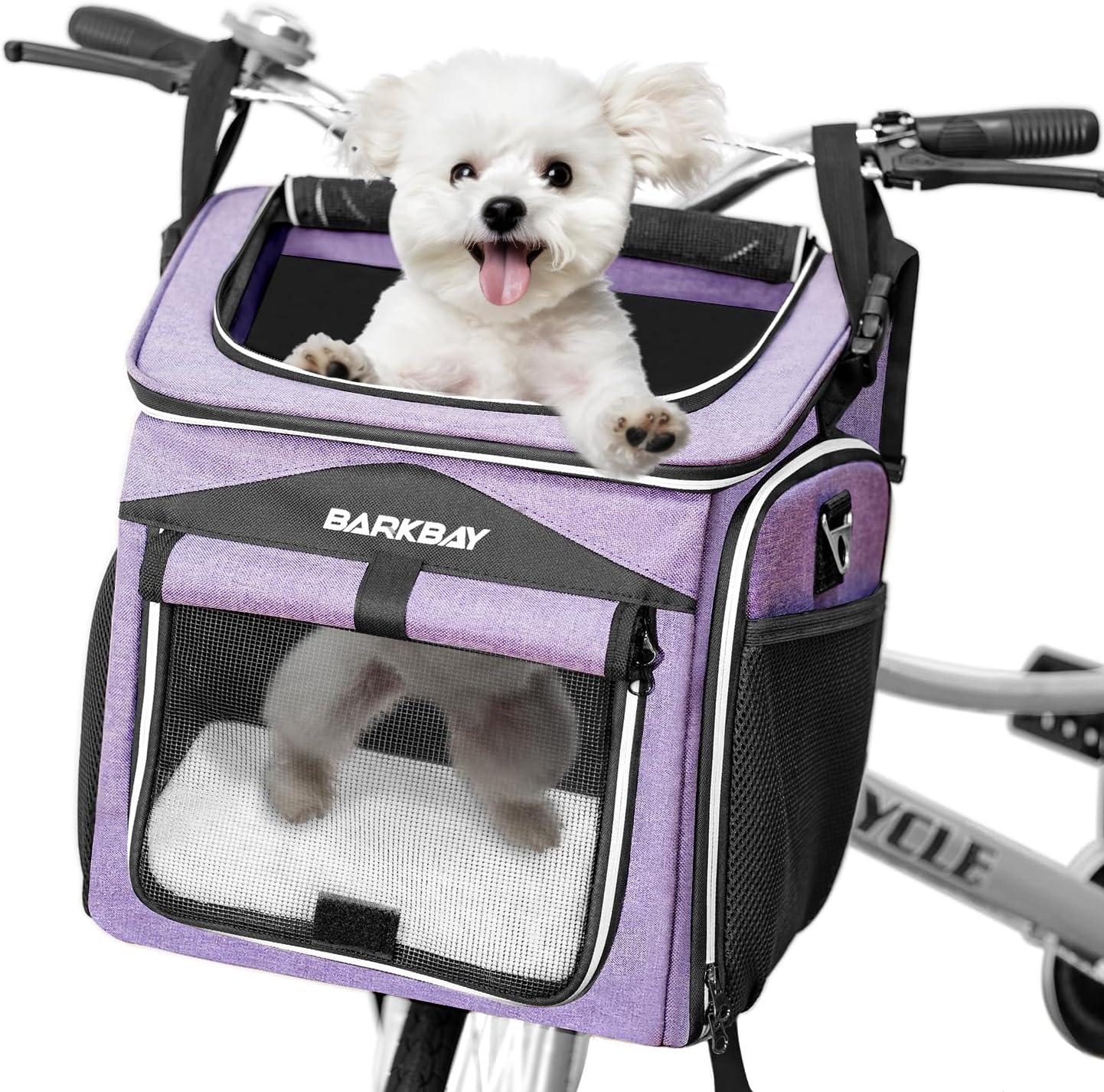 BARKBAY Dog Bike Basket Carrier, Expandable Foldable Soft-Sided Dog Carrier, 2 Open Doors, 5 Reflective Tapes, Pet Travel Bag,Dog Backpack Carrier Safe and Easy for Small Medium Cats and Dogs(Purple)