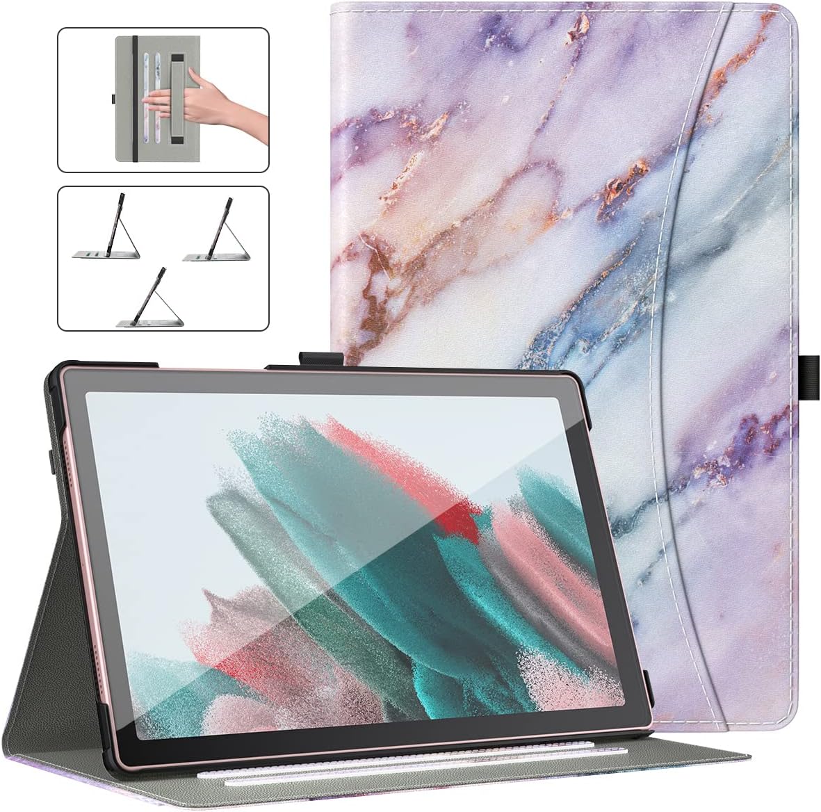 MoKo Case for Samsung Galaxy Tab A8 10.5 Inch 2022 (SM-X200/X205/X207) with Flexible Hand Strap & Pocket, Multi-Angle Viewing Stand Lightweight Protective Cover, Auto Sleep/Wake, Purple Marble