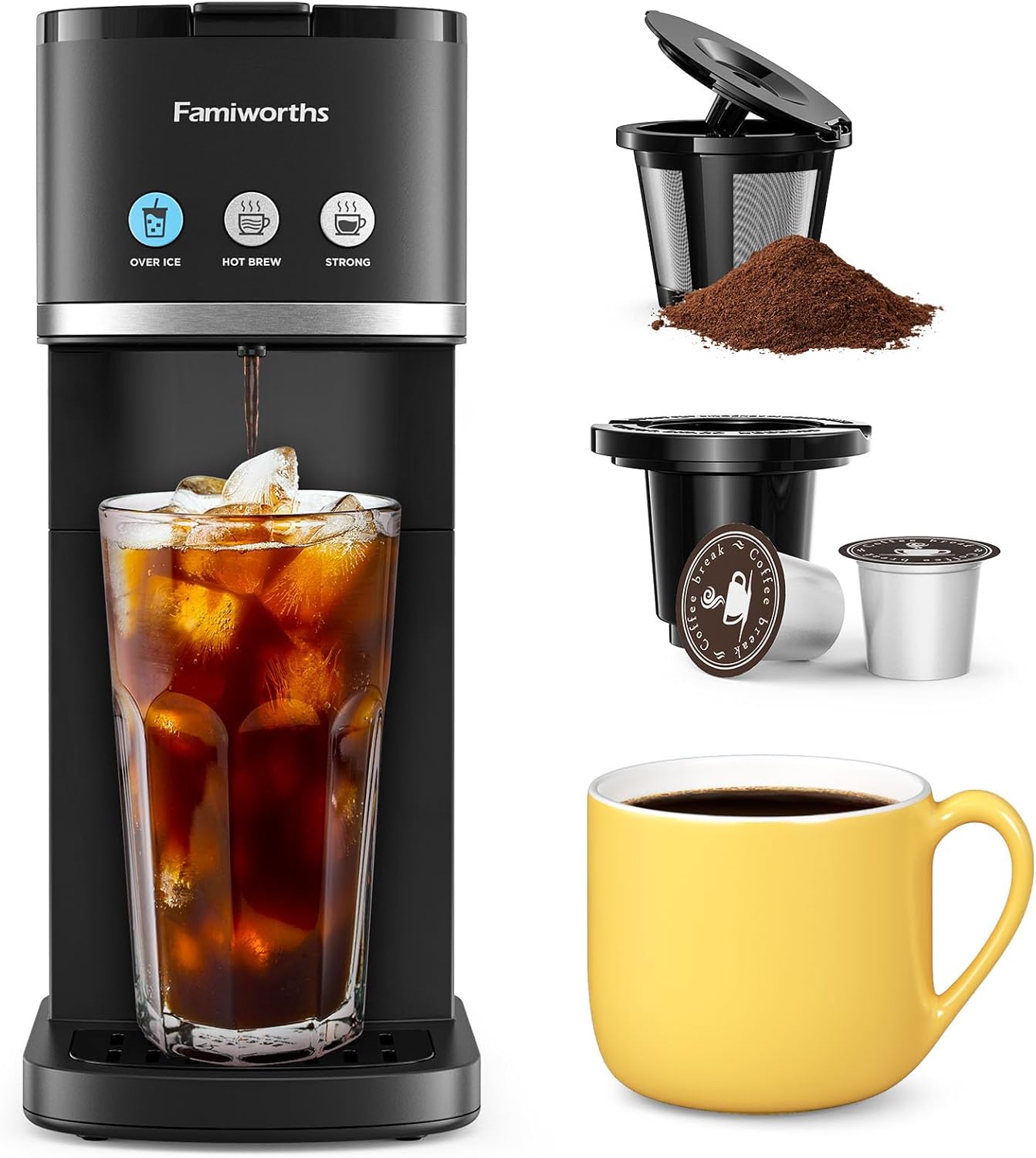 Famiworths Single Serve Coffee Maker, Iced and Hot Coffee Machine for K Cup & Ground Coffee, 6 to 16 Oz Brew Sizes, Fit 8.5" Travel Mug, Capsule Coffee Machine with Descaling Reminder, Black