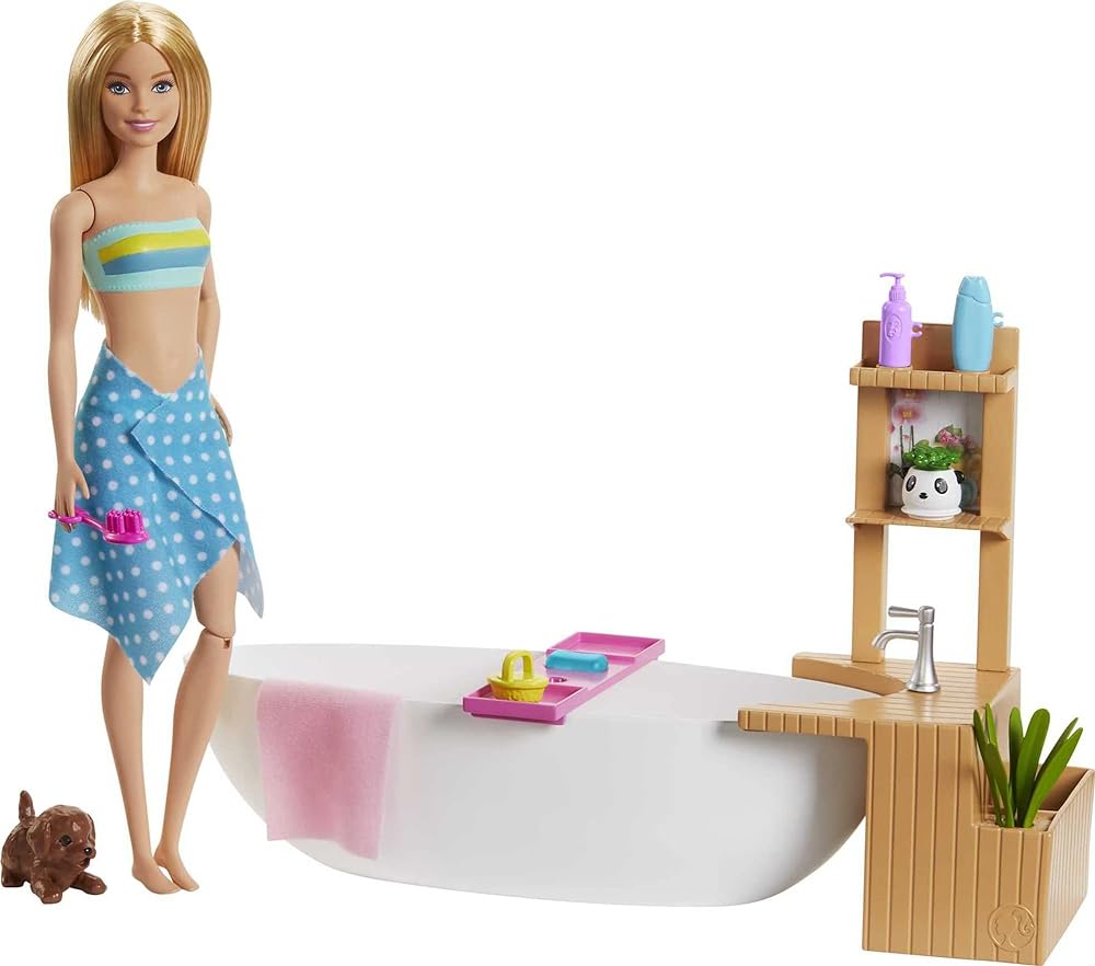 Barbie Fizzy Bath Doll & Playset,Blonde,with Tub,Fizzy Powder,Puppy & More,Gift for Kids 3 to 7 Years Old