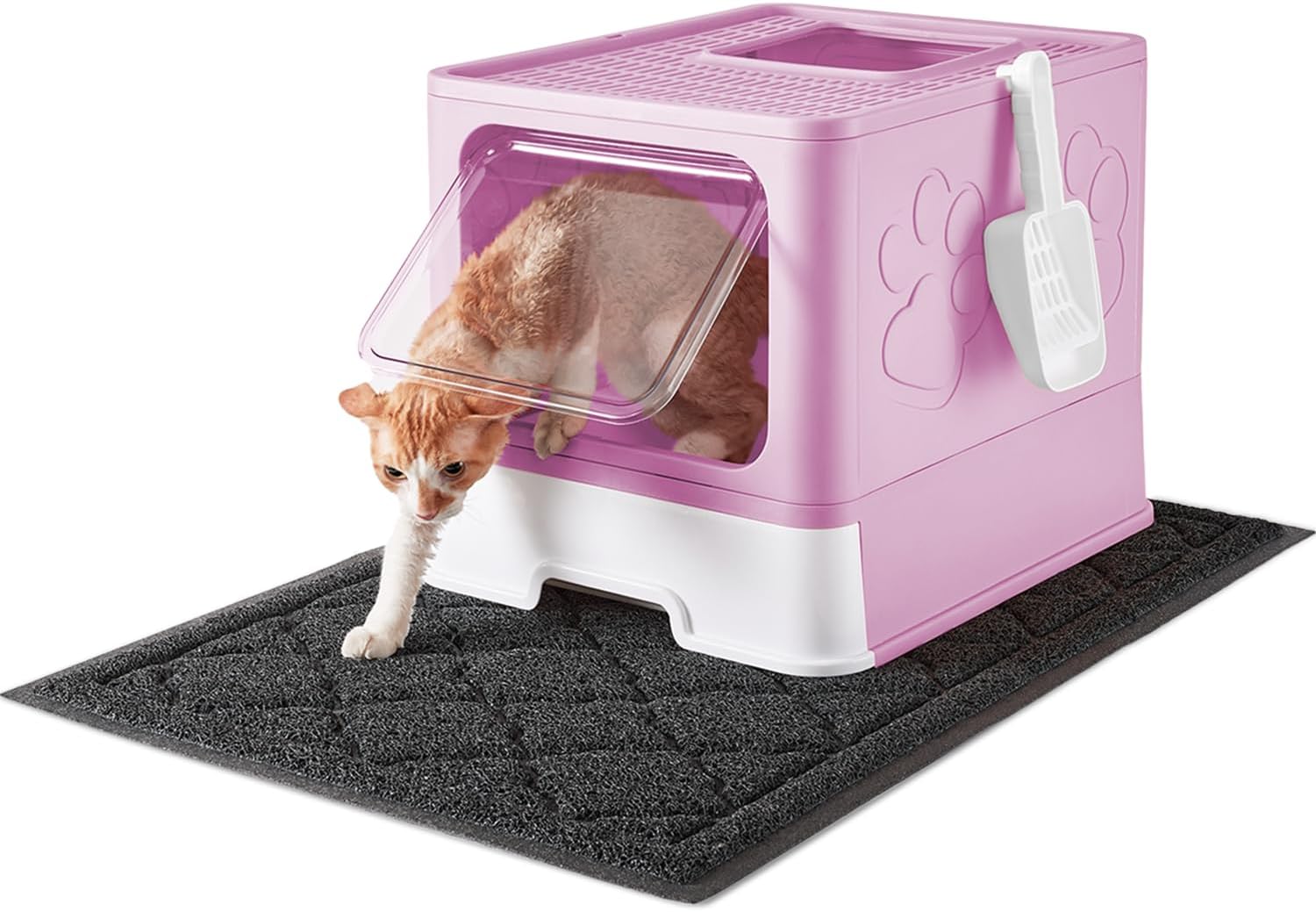 Cat Litter Box with X-Large Litter Mat and Scoop, Large Foldable Litter Box with Lid, Front Top Entry Exit Kitty Litter Box, Odor Control Easy Clean (Upgrade Light Purple)