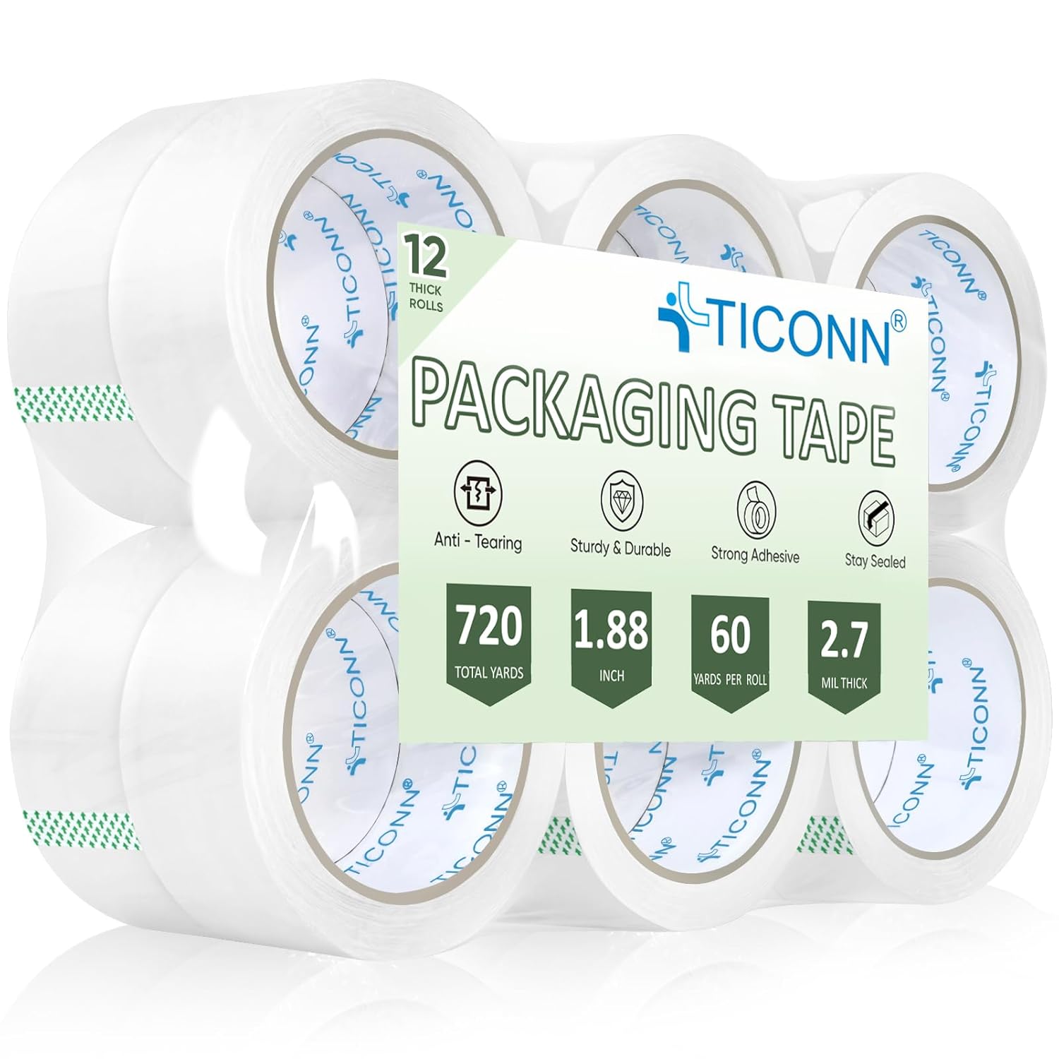 TICONN Packing Tape, 720 Yards Heavy Duty Clear Packaging Tape 2.7 mil Shipping Tape, 1.88 inch x 60 Yards Tapes for Shipping, Mailing, Moving (12 Pack)