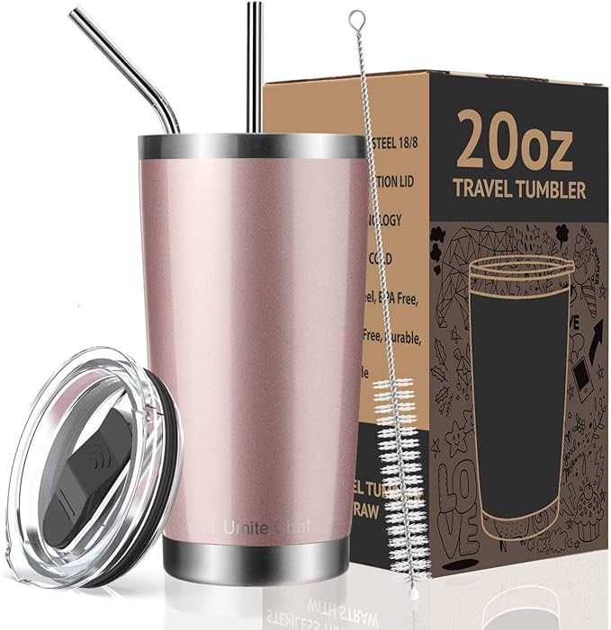 Umite Chef 20oz Tumbler Double Wall Stainless Steel Vacuum Insulated Travel Mug with Lid, Insulated Coffee Cup, 2 Straws, for Home, Outdoor, Office, School, Ice Drink, Hot Beverage(20oz, Rose gold