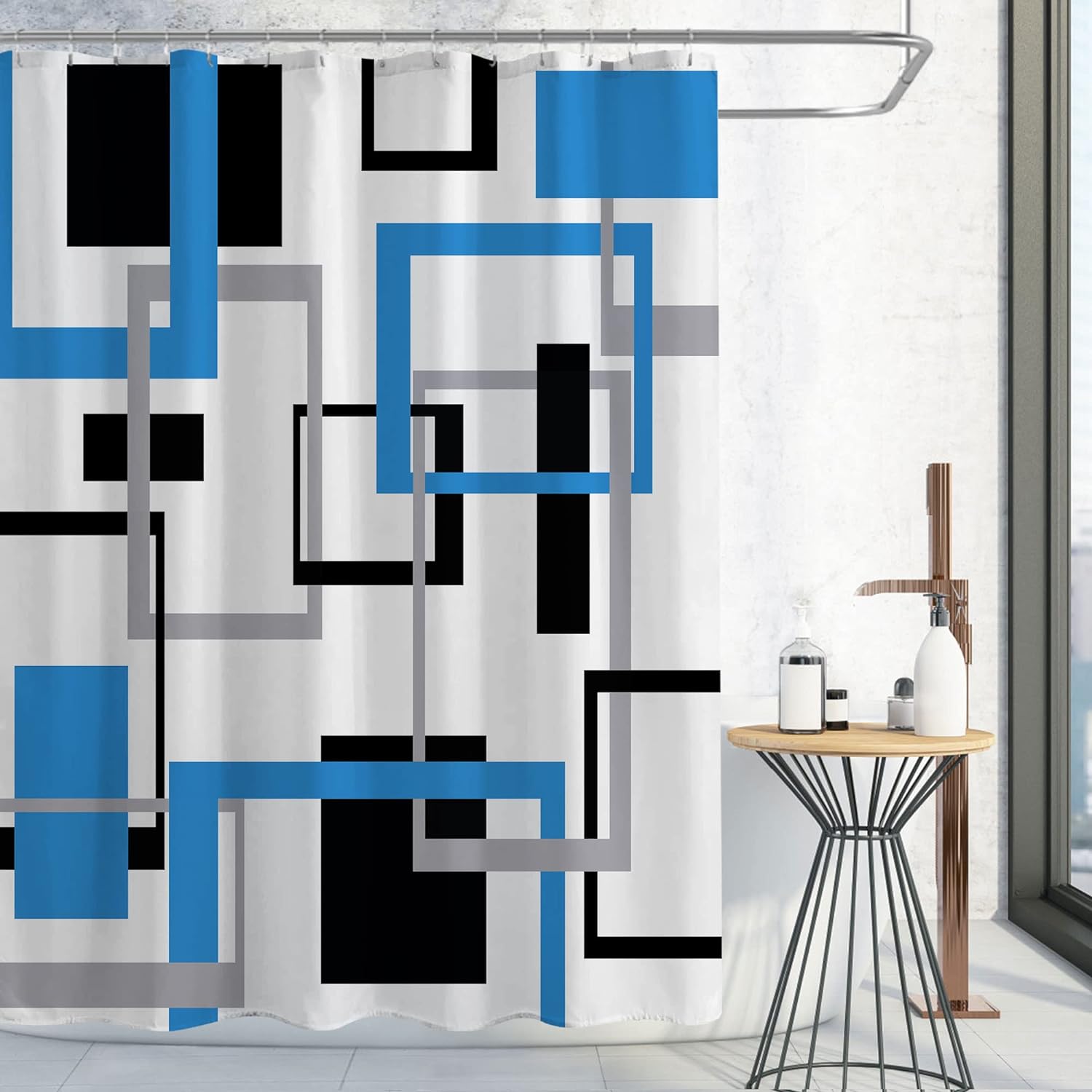 Gibelle Blue Shower Curtain, Abstract Mid Century Modern Geometric Shower Curtain Set, Malibu Blue Black Grey Square White Backdrop Waterproof Fabric Shower Curtain for Bathroom Decor, 72 x 72