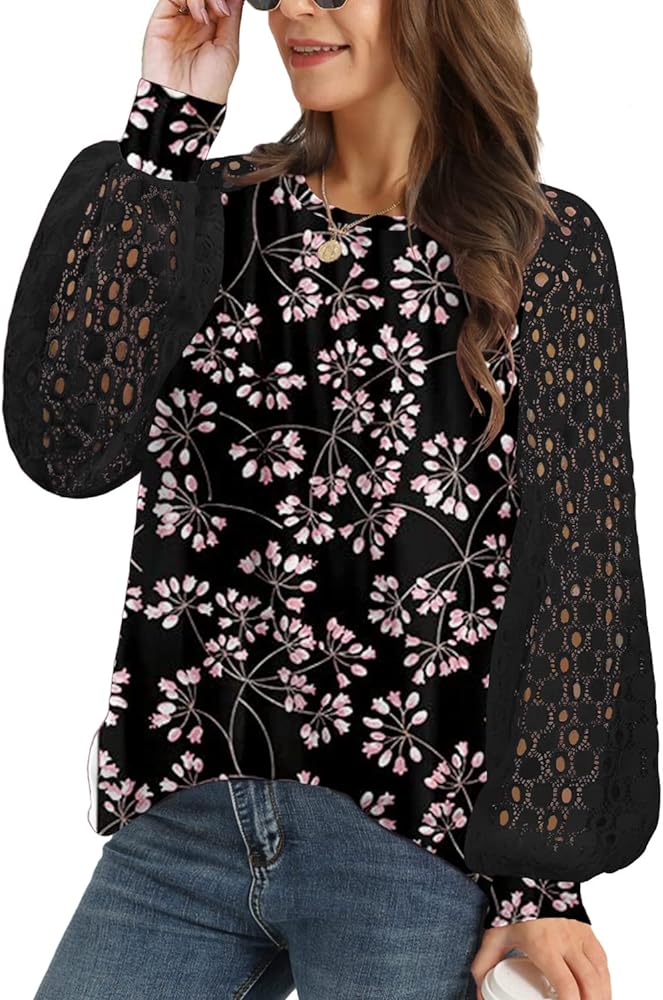 YESNO Women Trendy Blouses Casual Loose Knit Tops Pullover Hollow-Out Lace Long Sleeve Shirts TY3