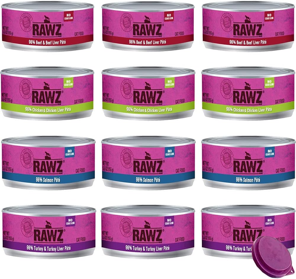 Rawz Natural Premium Canned Cat Wet Food Pate-12 Pack Variety Bundle - 4 Flavors - (Turkey, Chicken & Liver, Salmon & Beef) (5.5oz Cans) with Hotspot Pets Can Lid