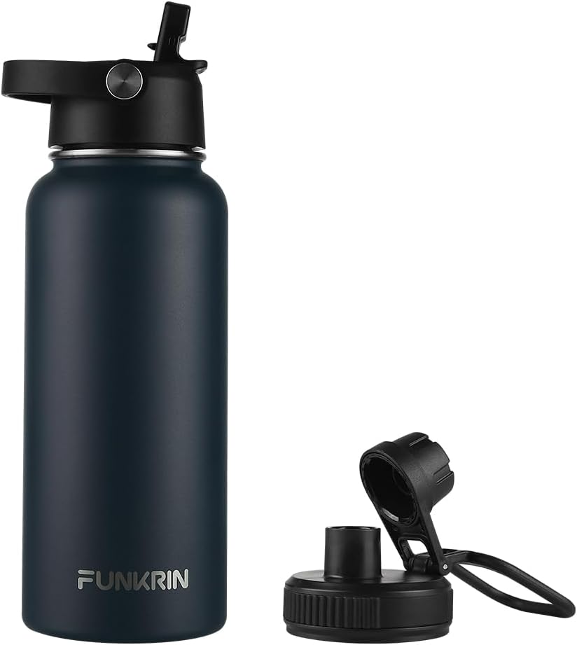 Funkrin Insulated Water Bottle with Straw Lid & Spout Lid, 32oz Personalized Vacuum Stainless Steel Travel Mug, Leak Proof Double Walled Thermos for Hot & Cold Beverages