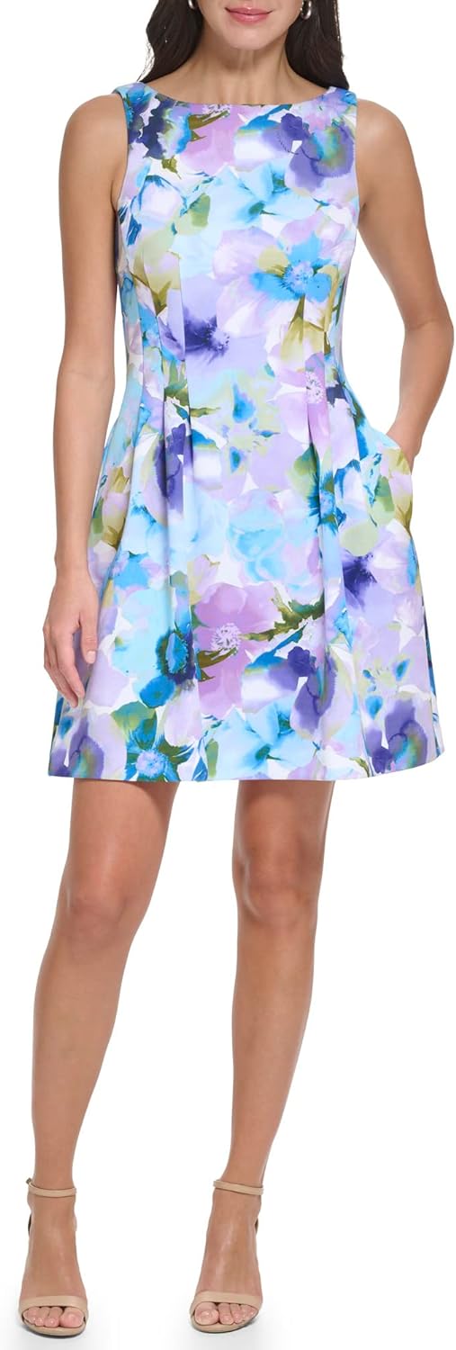 Jessica Howard Women' Petite Printed Scuba Fit & Flare Casual Dress