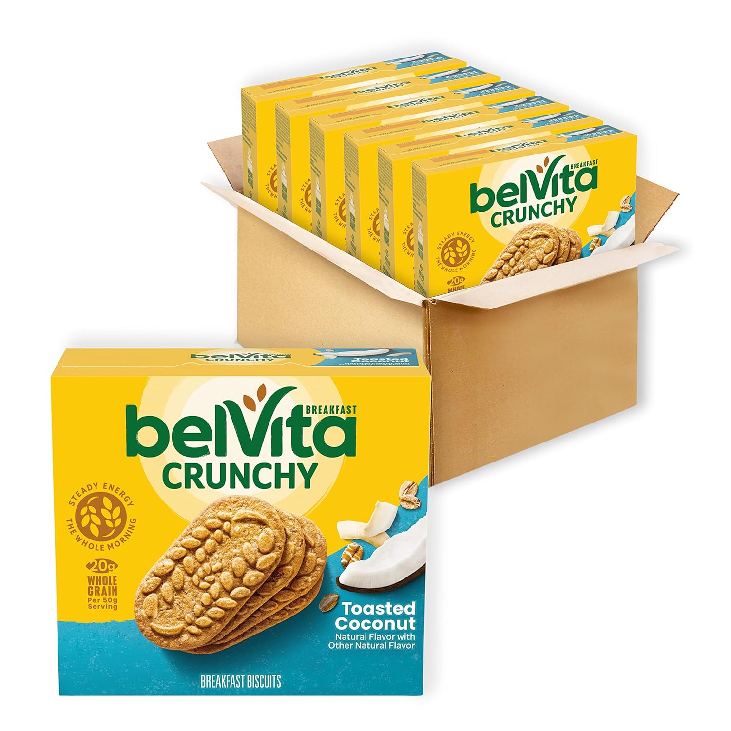 belVita Toasted Coconut Breakfast Biscuits, 30 Total Packs, 6 Boxes (4 Biscuits Per Pack)