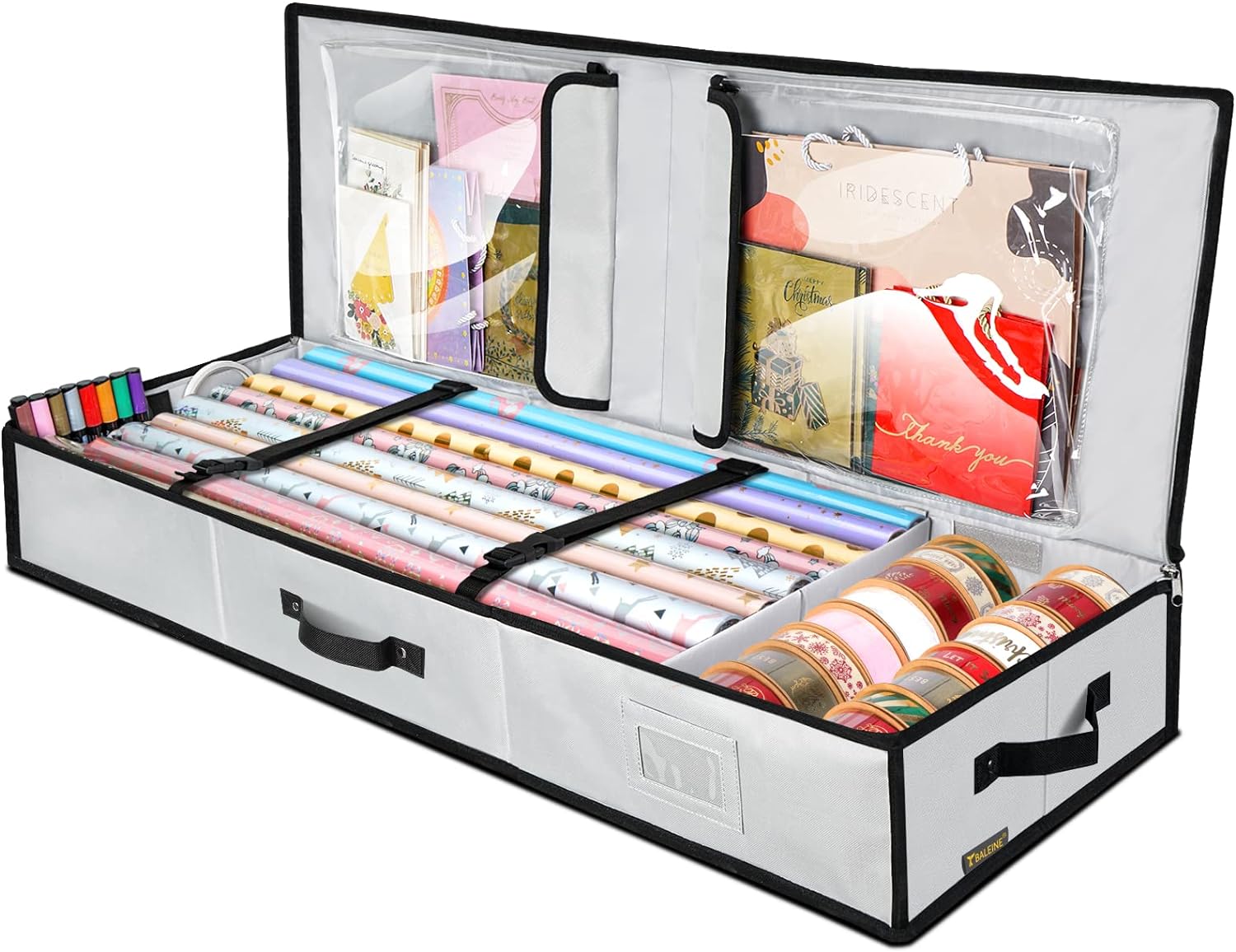 BALEINE Christmas Wrapping Paper Storage Organizer with Flexible Partitions and Pockets, 40 Durable 600D Oxford Fabric Gift Wrap Storage Bag Fits Ribbon, Ornaments, Holiday Accessories (Gray)